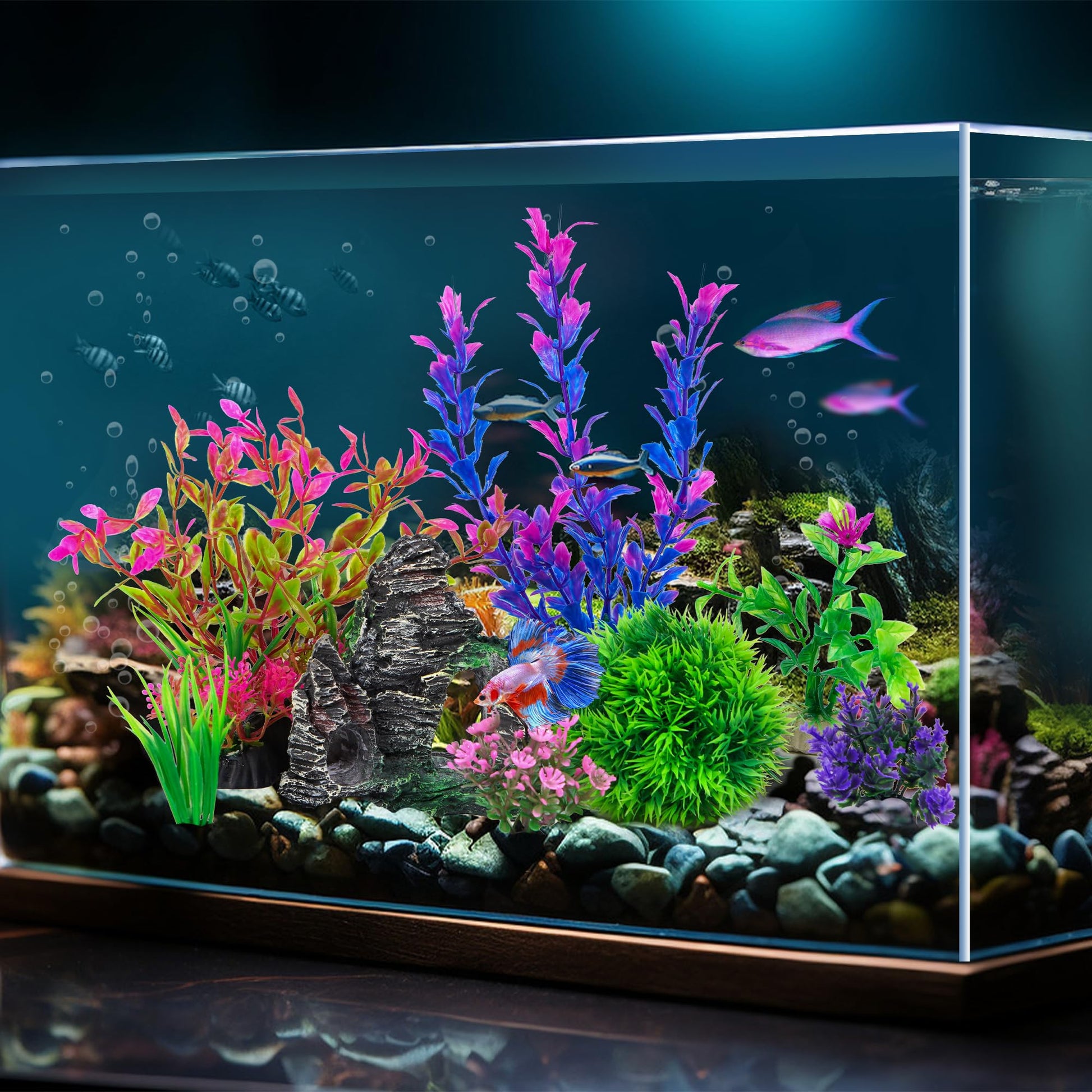 Ameliade Aquarium Artificial Plastic Plants Decorations and Rock Cave Decor Set Goldfish Betta Fish Tank Accessories Small Large Fish Bowl Ornaments