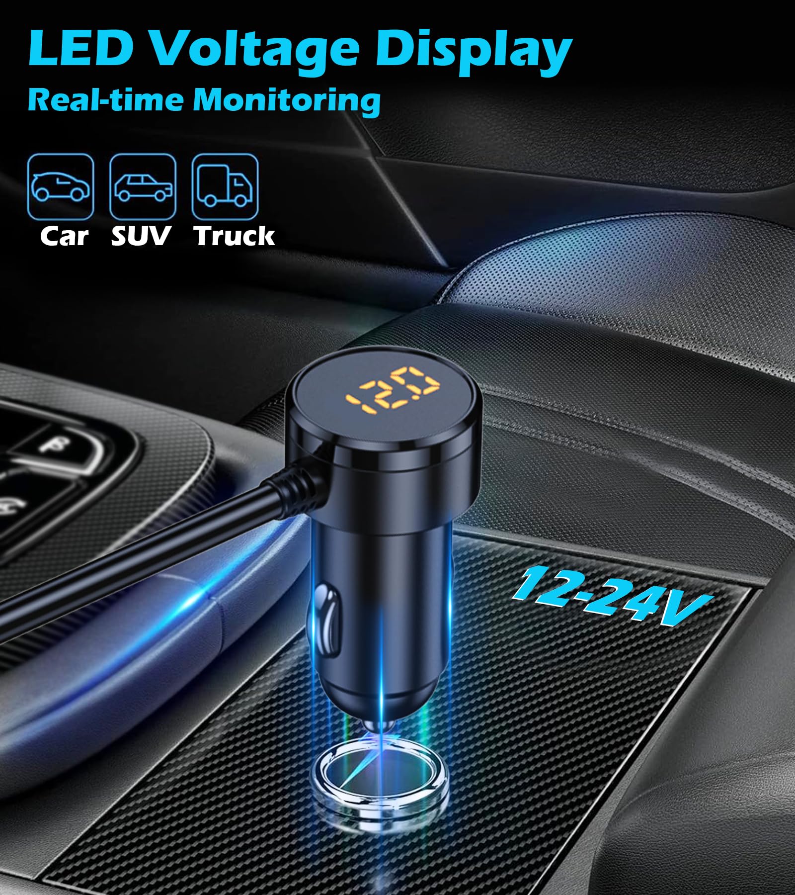 7 in 1 Cigarette Lighter Splitter, LIHAN 3 Socket Car Charger Adapter, Type-C QC3.0 PD 30W Charging, Dual USB Charging Ports, Independent Switches, LED Voltmeter, Plug Outlet 12V/24V(3.3ft Cable)