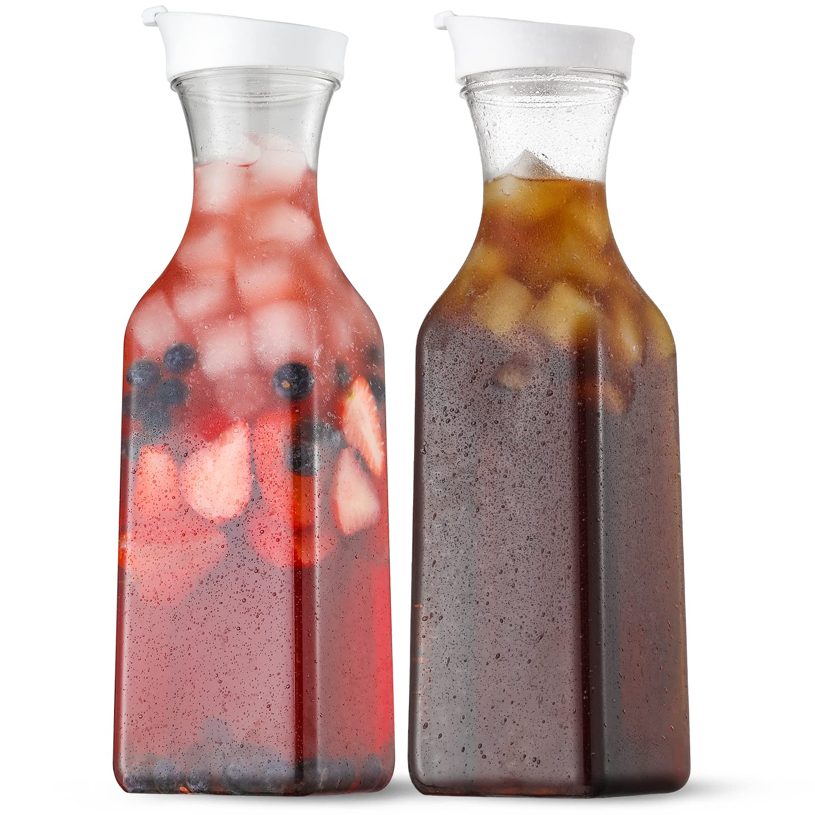 NETANY Kunststoff Wasserkaraffe 1,5L mit Klappdeckel, 2er-Set quadratische Saftbehälter, Transparenter Plastikkrug - für Wasser, Eistee, Saft, Getränke, Cold Brew und Mimosa Bar - NUR HANDWÄSCHE
