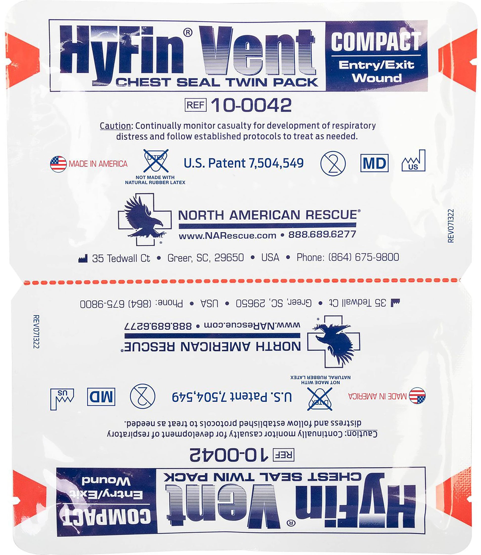 North American Rescue HyFin Vent Chest Seal (Twin Pack) NAR Vented Compact Chest Seals for Wounds, Trauma (10-0042)