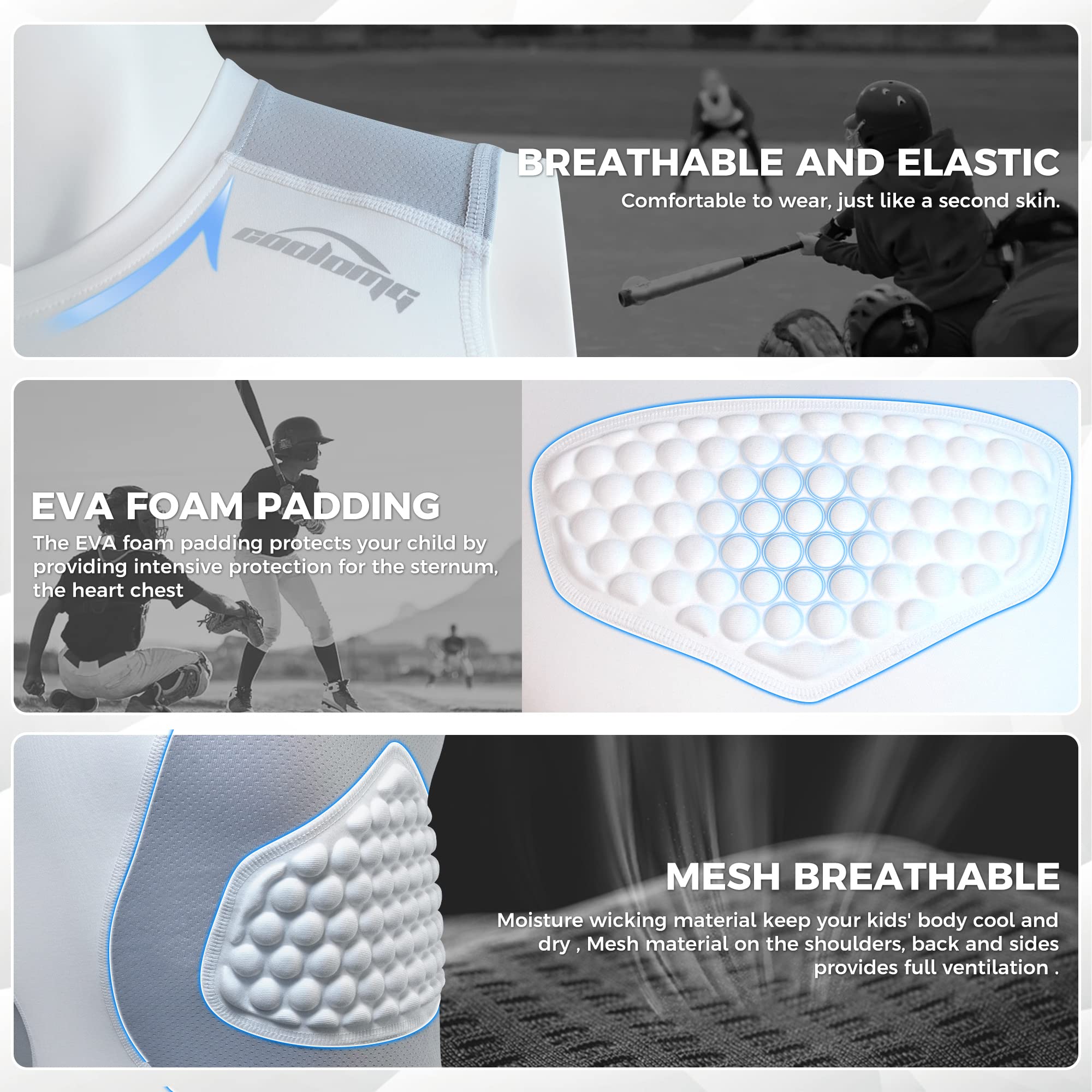 COOLOMG Youth Baseball Padded Shirt Kids Chest Protector Rib Heart Guard Sternum Protection for Football Softball Lacrosse Rugby White M