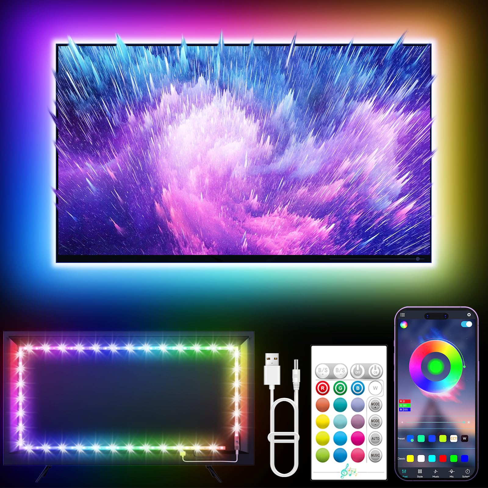 KANTUTOE LED-Beleuchtung für Fernseher, 5m LED-Lichter für 45-75 Zoll Fernseher, RGB-TV-Hintergrundbeleuchtung, Musik-Sync Bluetooth APP & Fernbedienung, LED-Lichtstreifen USB-betrieben für Schlafzimmer/Gaming