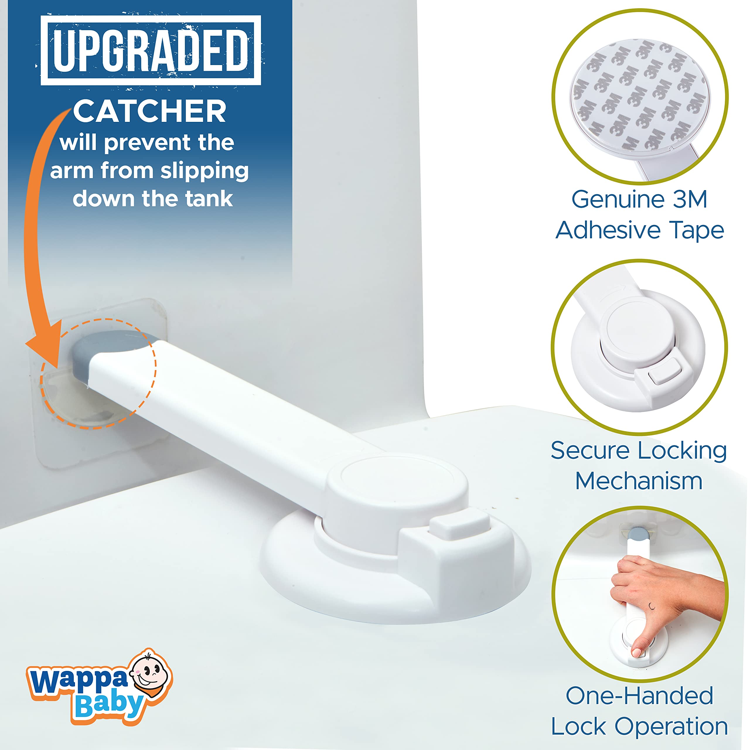 Wappa Baby Toilettenschloss – 22,9 cm L x 10,2 cm B – Ideales Baby-Proof Toilettendeckelschloss – Werkzeuglose einfache Installation mit 3M-Klebeband – Höchste Sicherheit für Toilettensitze – Passend für die meisten Toiletten – Weiß (1 Stück)