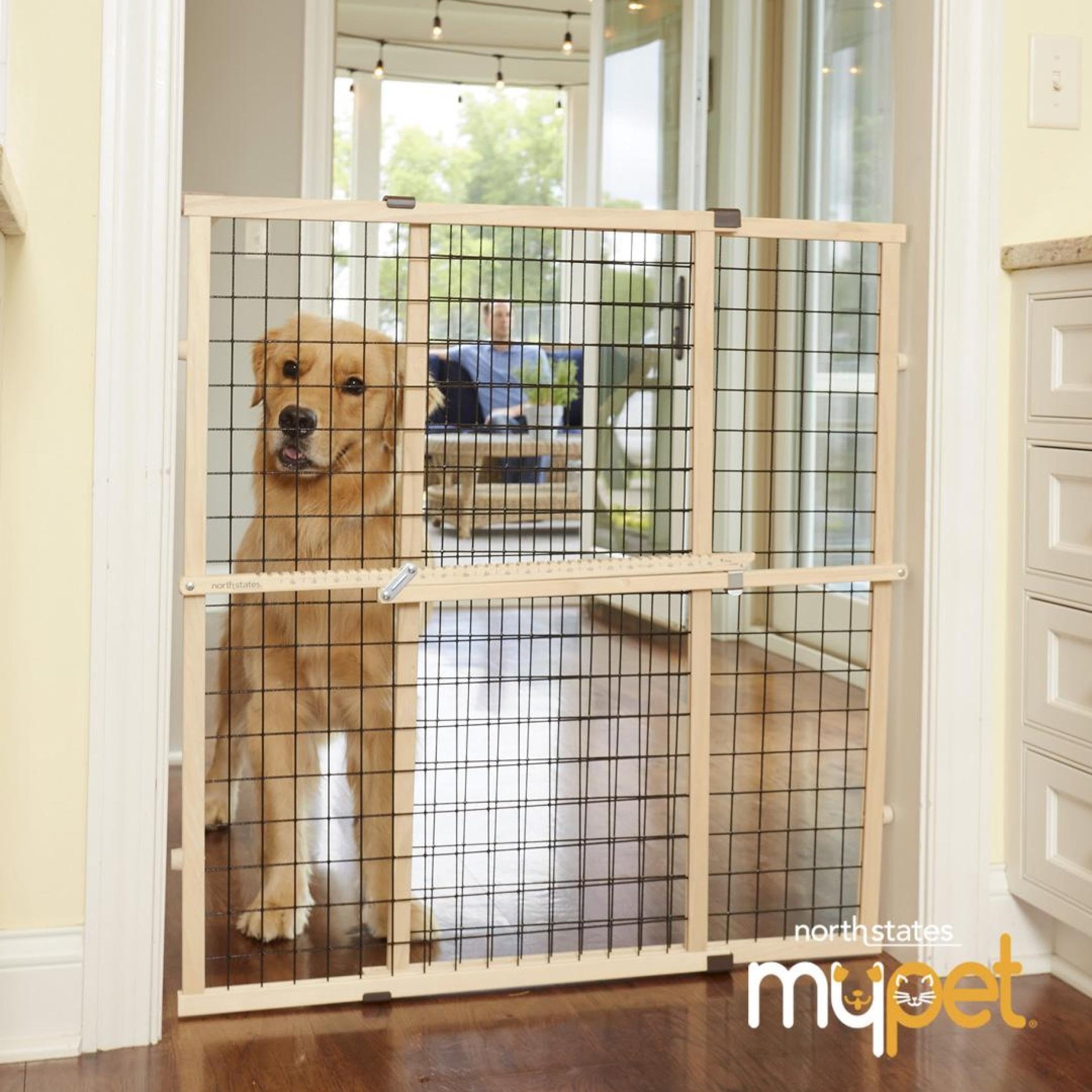 MYPET North States Wire Mesh Dog Gate: 29.5-48" Wide. Pressure Mount. No Tools Needed. Made in USA. Dog Gate 37" Tall, Expandable, Durable Dog Gates for Doorways, Sustainable Hardwood, Natural Finish
