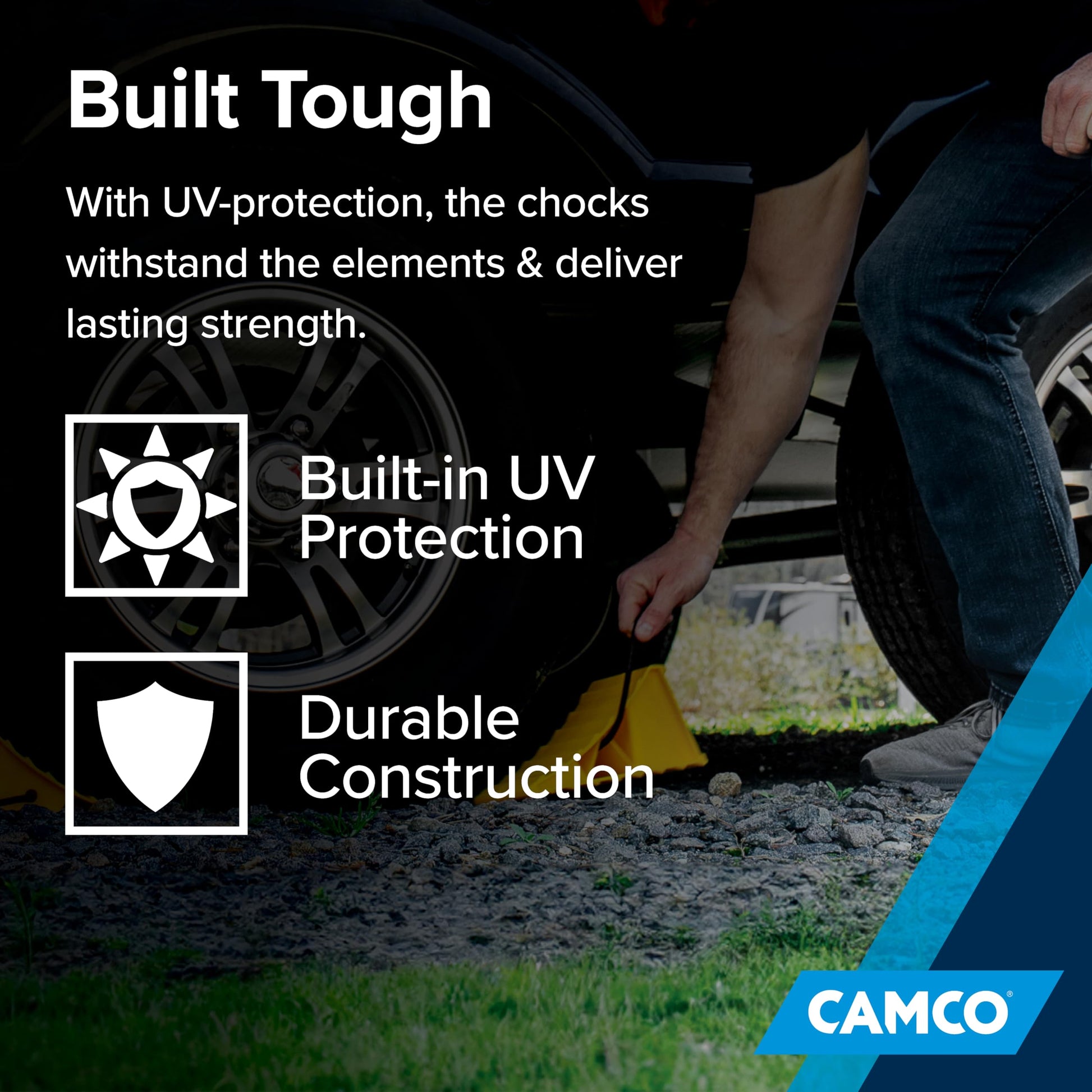 Camco Camper & RV Wheel Chock with Rope - Keeps Trailer in-Place to Safely Unhitch or Park - Compatible with Wheels Up to 26” in Diameter & Molded of Heavy-Duty Hard Plastic - 2-Pack - 44471