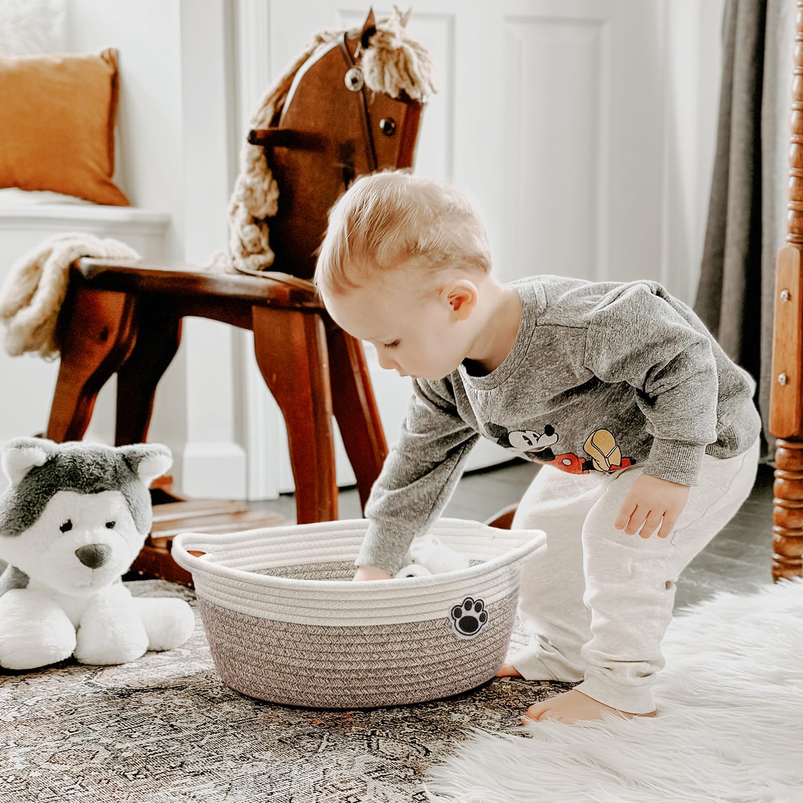 HiChen Dog Toy Basket Small Gift Basket for Baby, Woven Storage Baskets for Dog Cat, Nursery Storage Baskets for Diapers, Towels, 12"x 8" x 5" Mixed-Brown