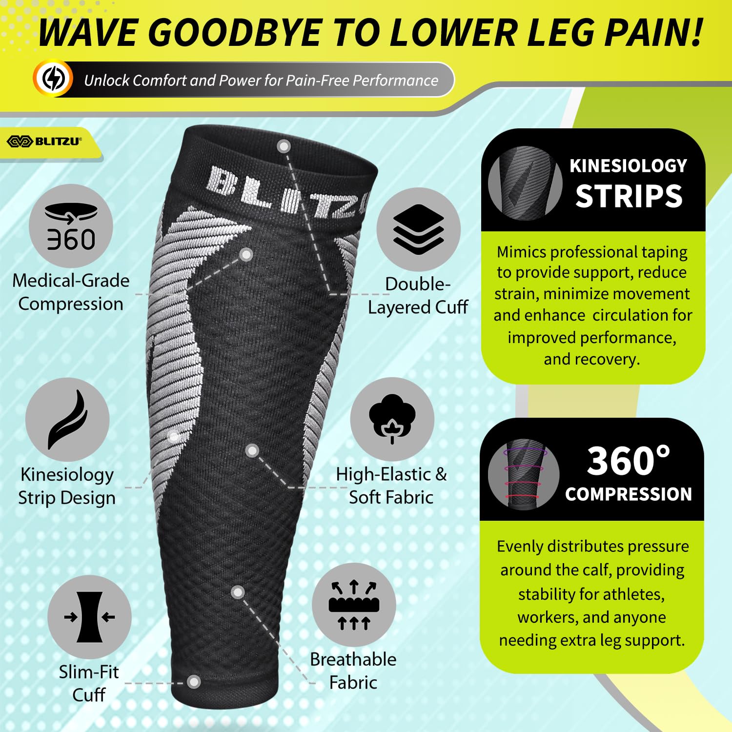 BLITZU Calf Compression Sleeves for Men and Women. Footless Compression Socks Support for Varicose Vein, Nursing, Running. Leg Sleeve Brace for Shin Splints, Pain Relief & Reduces Swelling Black L-XL