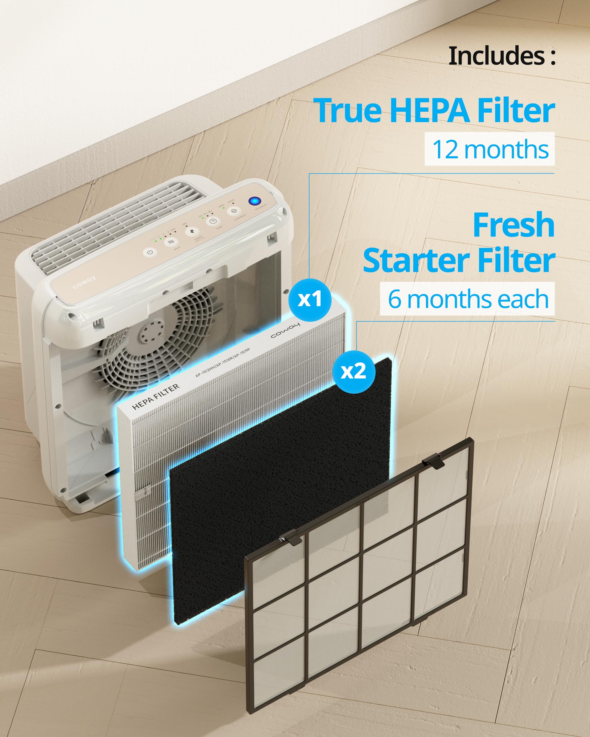 COWAY AP-1512HH & 200M Air Purifier Filter Replacement, Fresh Starter Pack, 2 Fresh Starter Deodorization Filters and 1 True HEPA Filter, 1 Pack, Black
