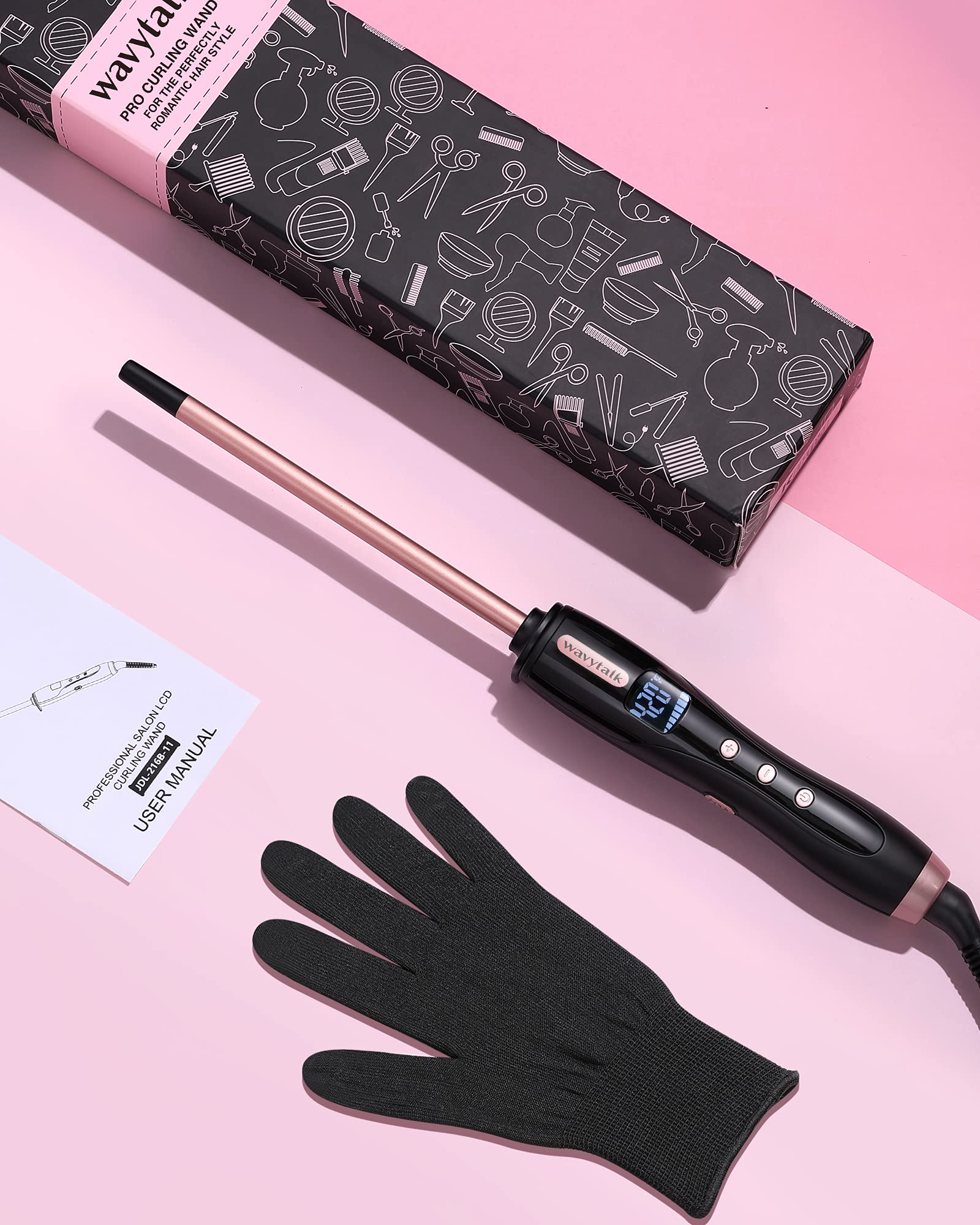 Wavytalk 3/8 Inch Small Curling Iron Wand for Short & Long Hair, Ceramic Barrel with Adjustable Temperature, Heat Resistant Glove Included (Rose Pink)