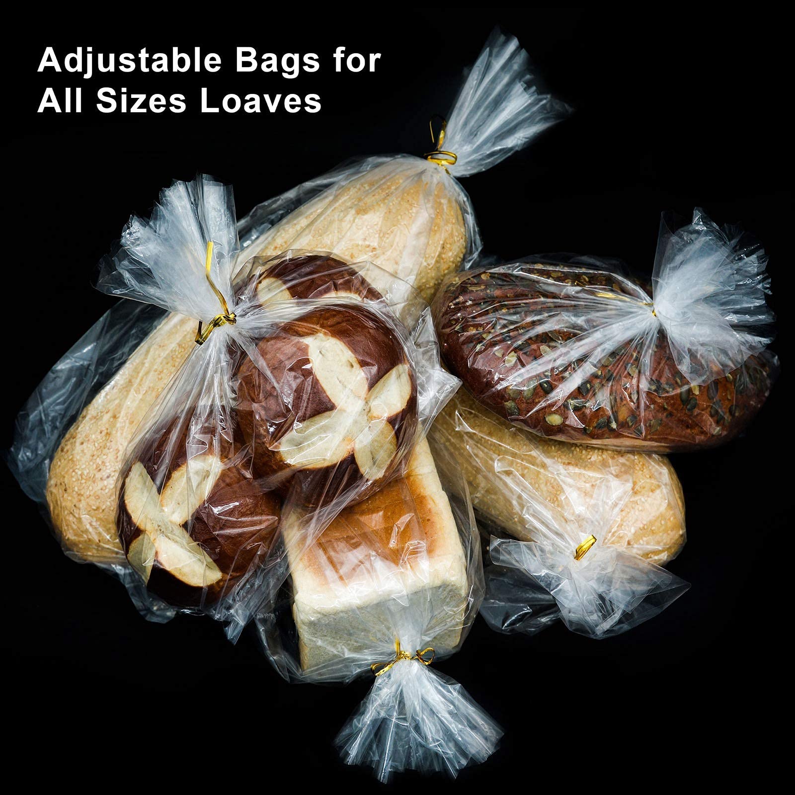 Bread Bags with Ties, Reusable,100 Clear Bags and 100 Ties, Bread Bags For Homemade Bread And Bakery Loaf Adjustable Reusable(100)