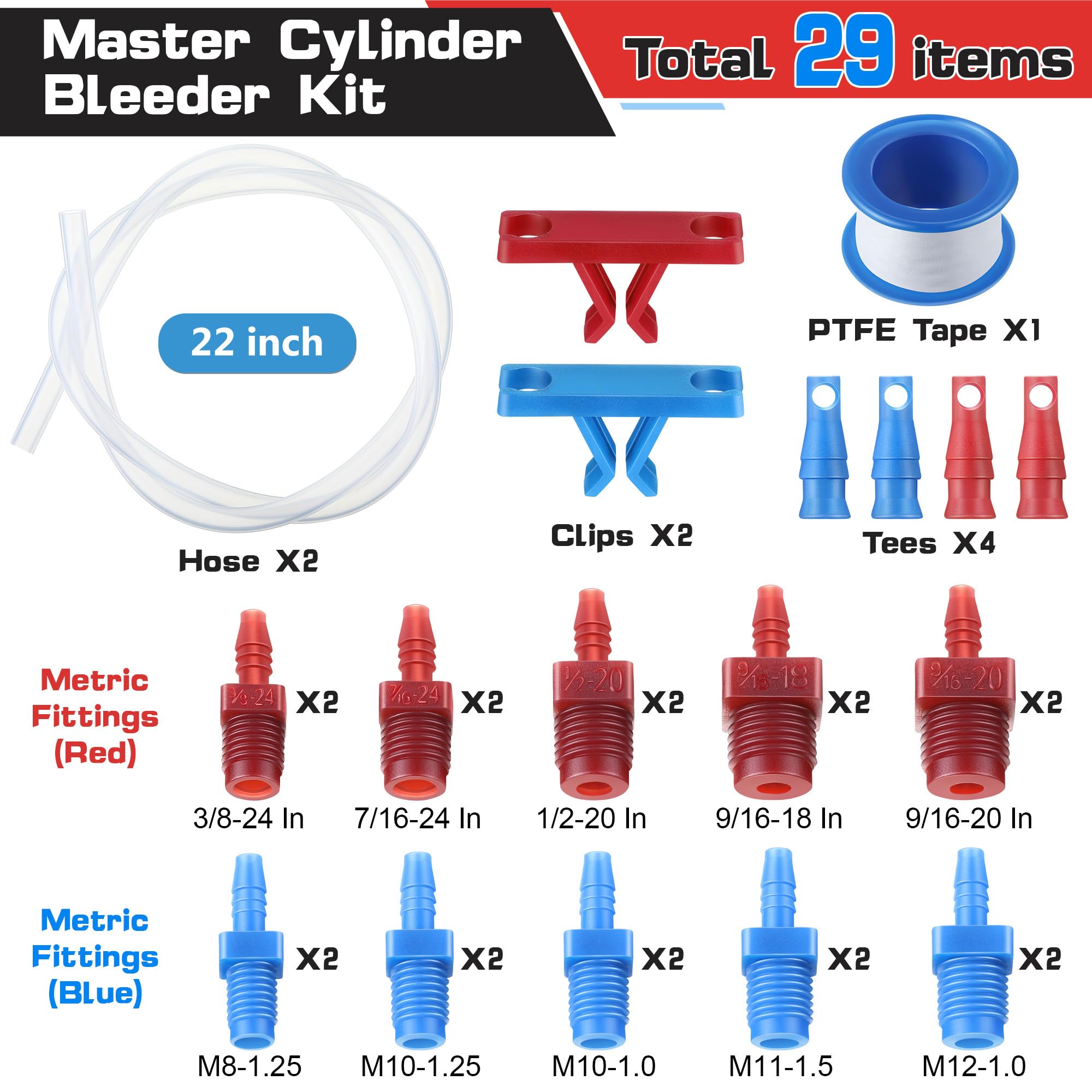 Enhon Master Cylinder Bleeder Kit Replacement for 14151, 22 inch Hose, Clip, SAE and Metric Fittings Universal Fit, Complete Brake Bleeder Kit with PTFE Tape