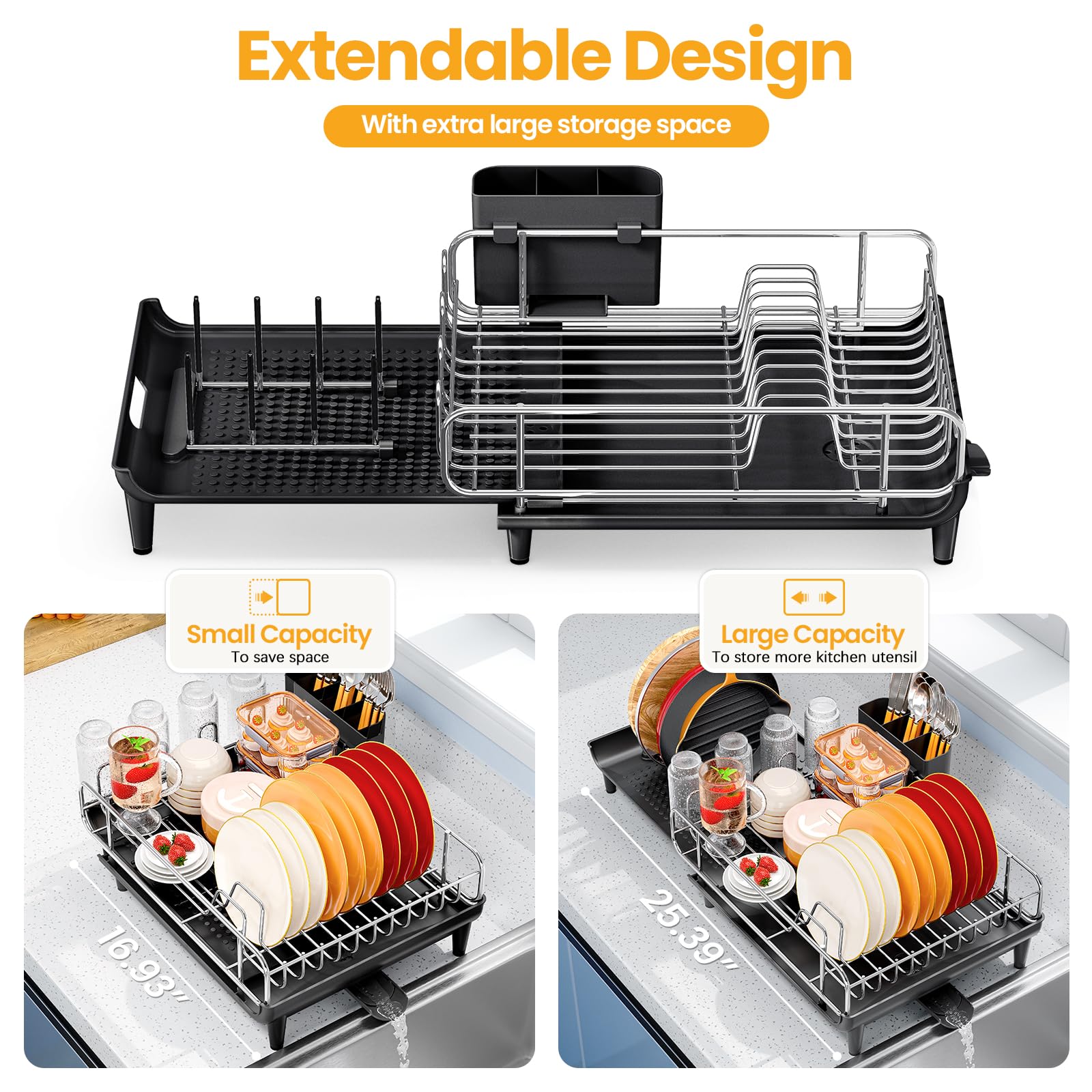 TOOLF Expandable Dish Rack, Dish Drying Rack for Kitchen Counter, Foldable Dish Dryer Rack, Stainless Steel Dish Drainer Racks with Cutlery Holder, Collapsible Dish Drying Racks Large Size,Black