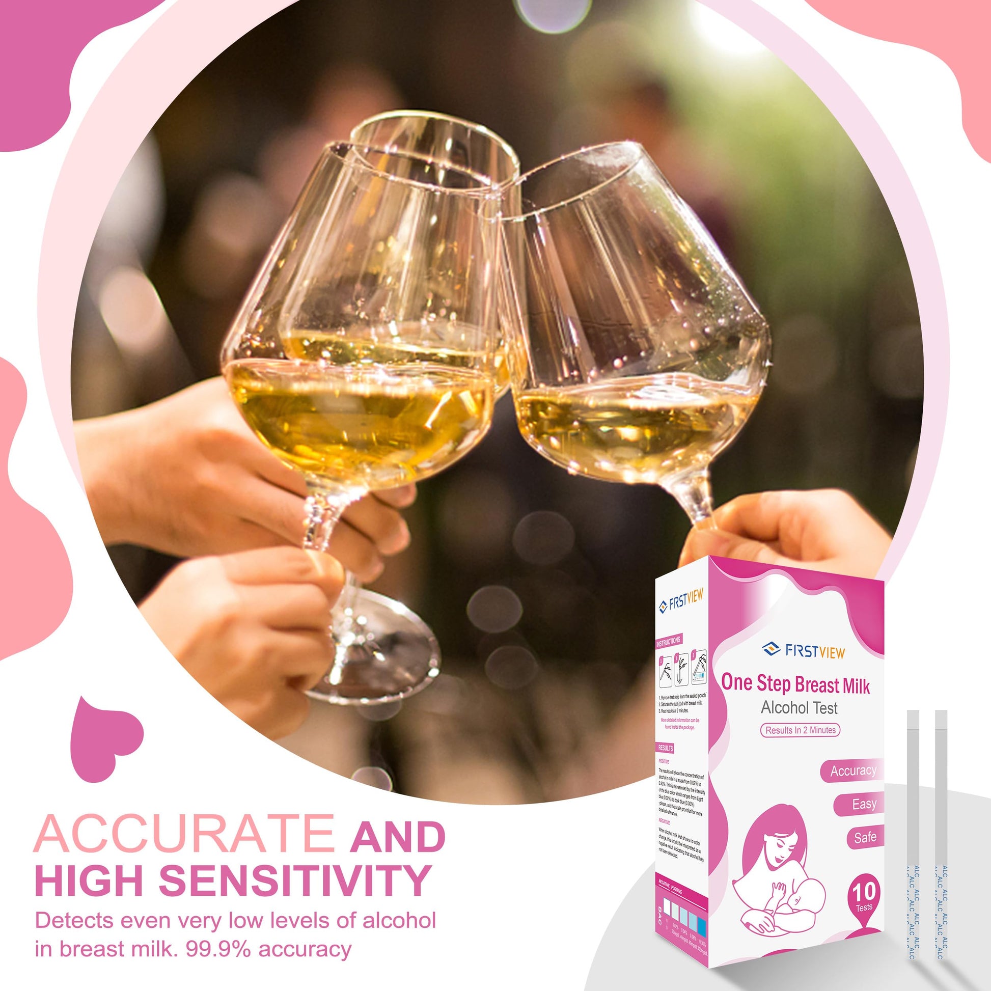 FIRSTVIEW Alcohol Test Strips for Breastmilk,Detects Alcohol in 2 Mintues, High Sensitivity to 0.02%（20mg/dL, Simple Breastmilk Dip Test, Fast and Easy to Use for Breastfeeding Moms-10 Test Strips