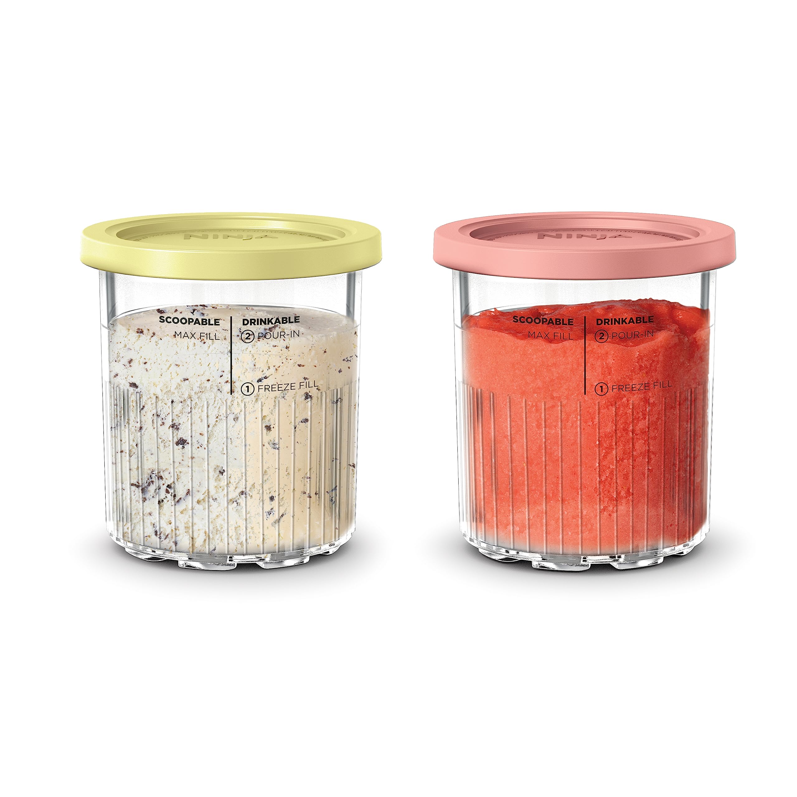 Ninja Creami Deluxe Pints 2 Pack, Compatible with NC500 Series Creami Deluxe Ice Cream Makers, Genuine Ninja Pint, BPA-Free & Dishwasher Safe, Color Lids, 1 Pint Each, Clear/Coral/Yellow, XSKPNTLD2