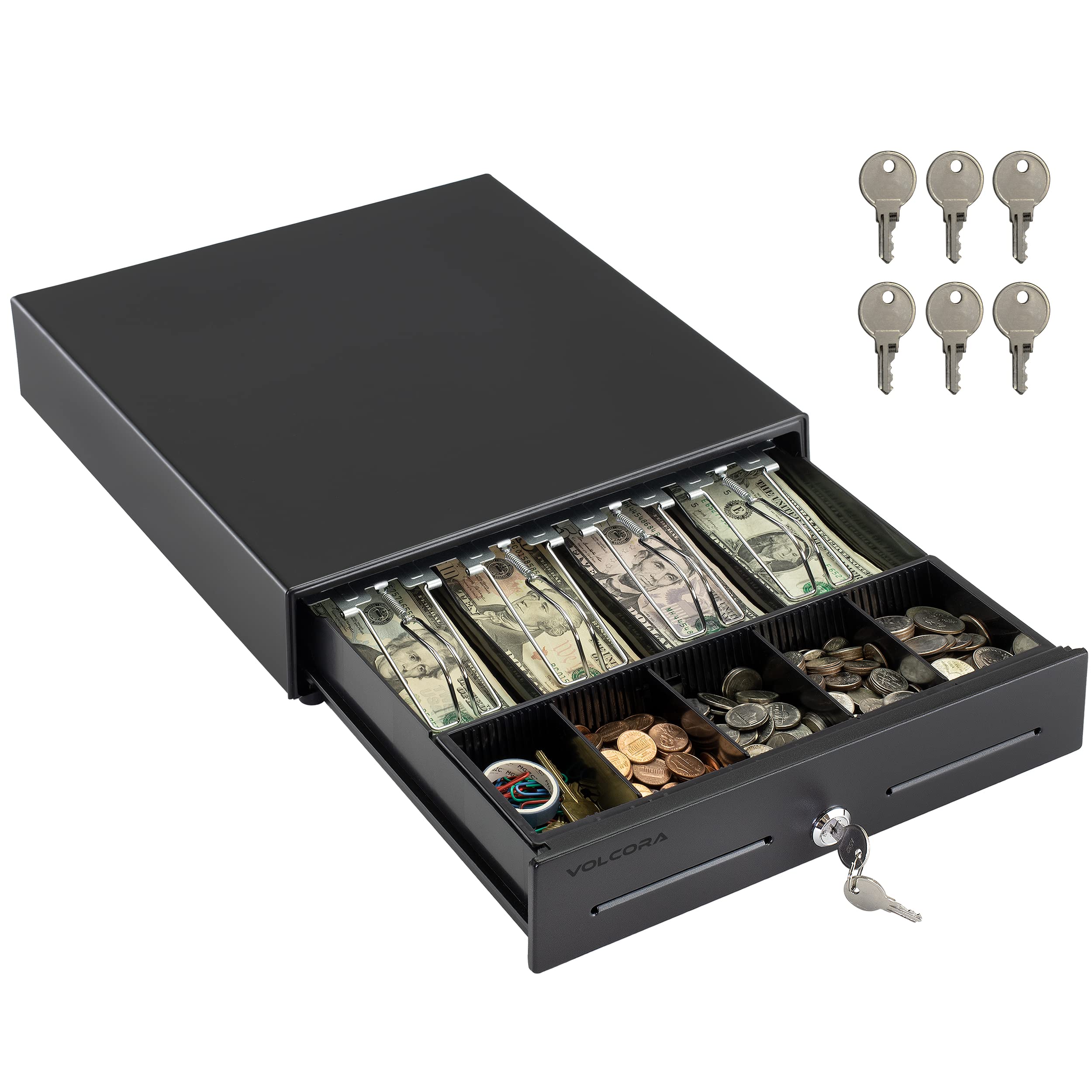 Volcora 13" Electronic Cash Register Drawer for Point of Sale (POS) System with 4 Bill 5 Coin Cash Tray, Removable Coin Compartment, 24V, RJ11/RJ12 Key-Lock, Media Slot, Black - for Small Businesses