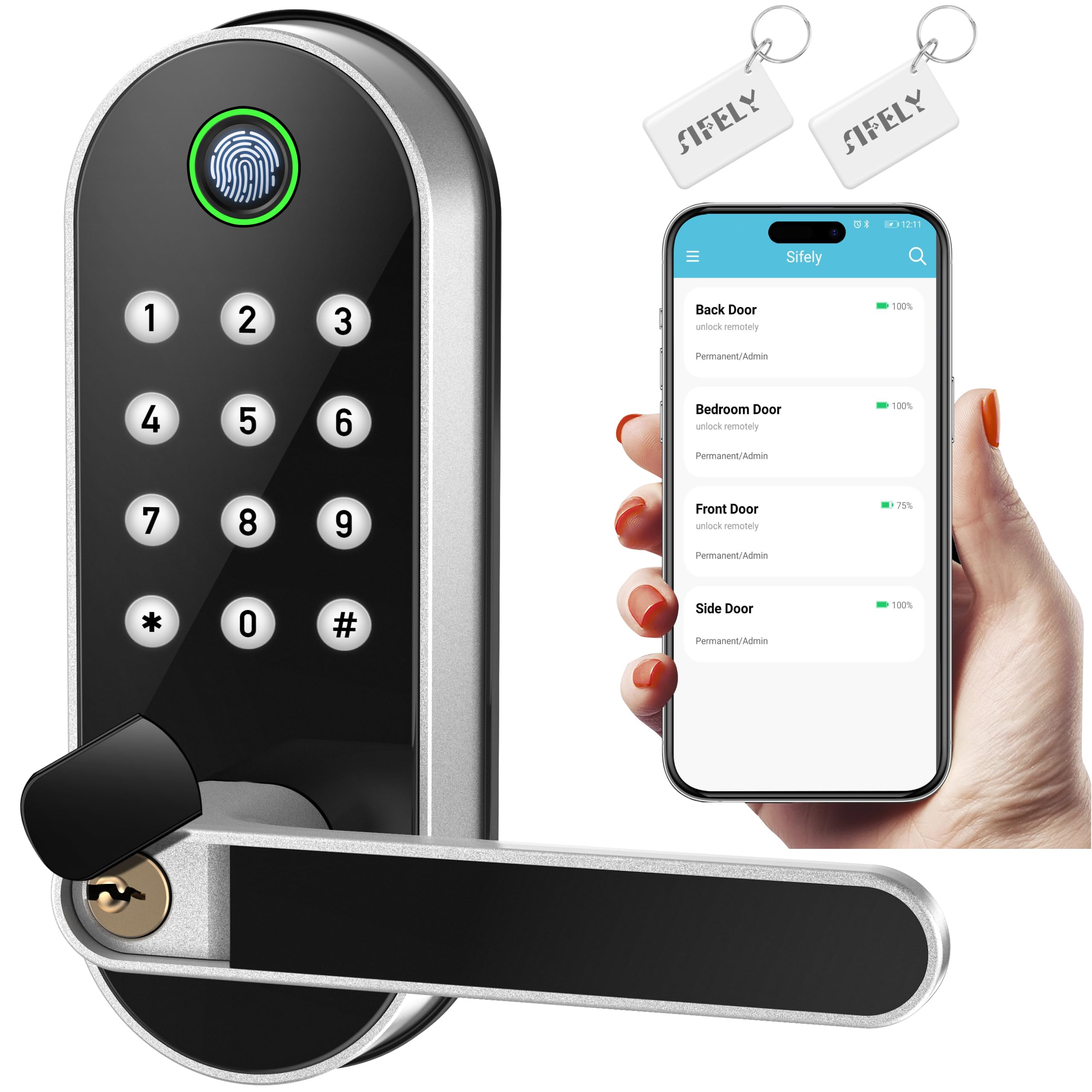 Schlüsselloses Fingerabdruck-Smart-Lock mit Griff und Tastatur: Sifely Biometrisches digitales elektronisches Schloss mit Code, elektrischer Riegeltürknauf für Vorder-, Innen-, Außen- und Schlafzimmertüren (Silber)