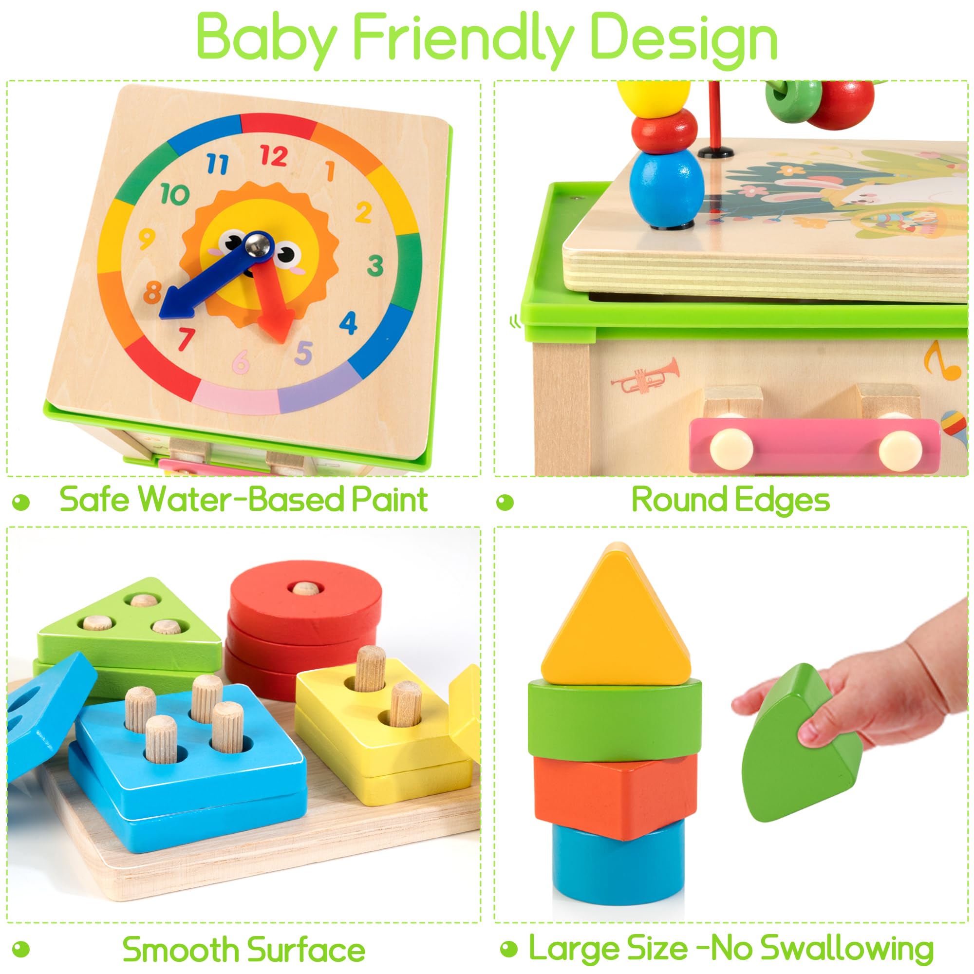 Wooden 7-in-1 Activity Cube| Montessori Toys for 1 2 3 Year Old Toddlers| Baby Educational Developmental Toys |One Year Old Boys Girls First Birthday Gifts |Bonus Sorting & Stacking Board