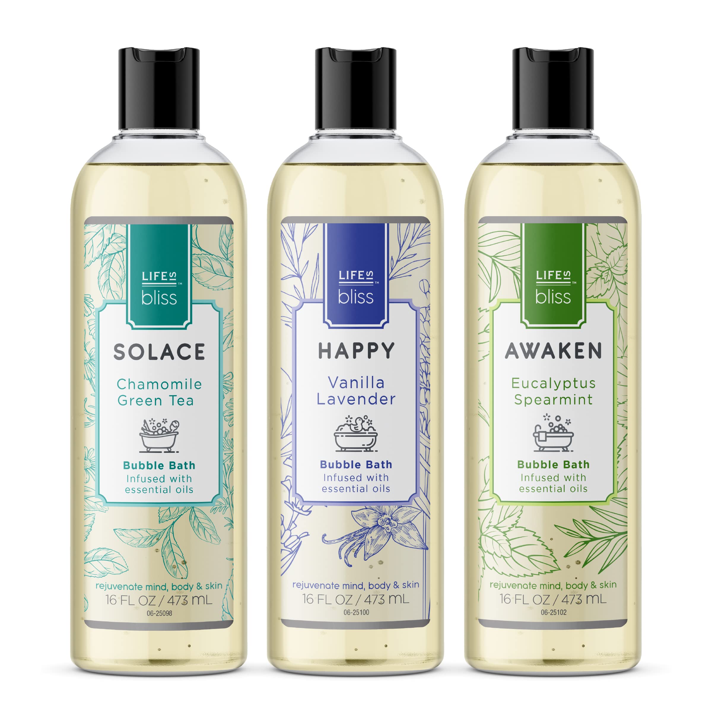 Life is Bliss | 3 Fresh & Soothing Scents | Variety Pack | Liquid Bubble Bath 16 fl oz