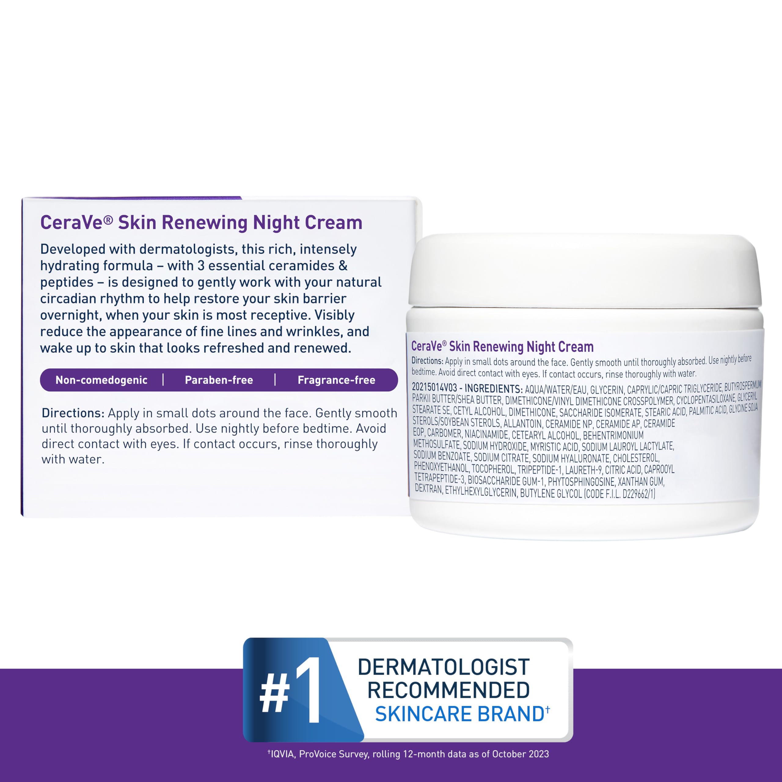 CeraVe Skin Renewing Night Cream, Niacinamide, Peptide Complex, and Hyaluronic Acid Moisturizer for Face, 1.7 Ounce, Packaging may Vary