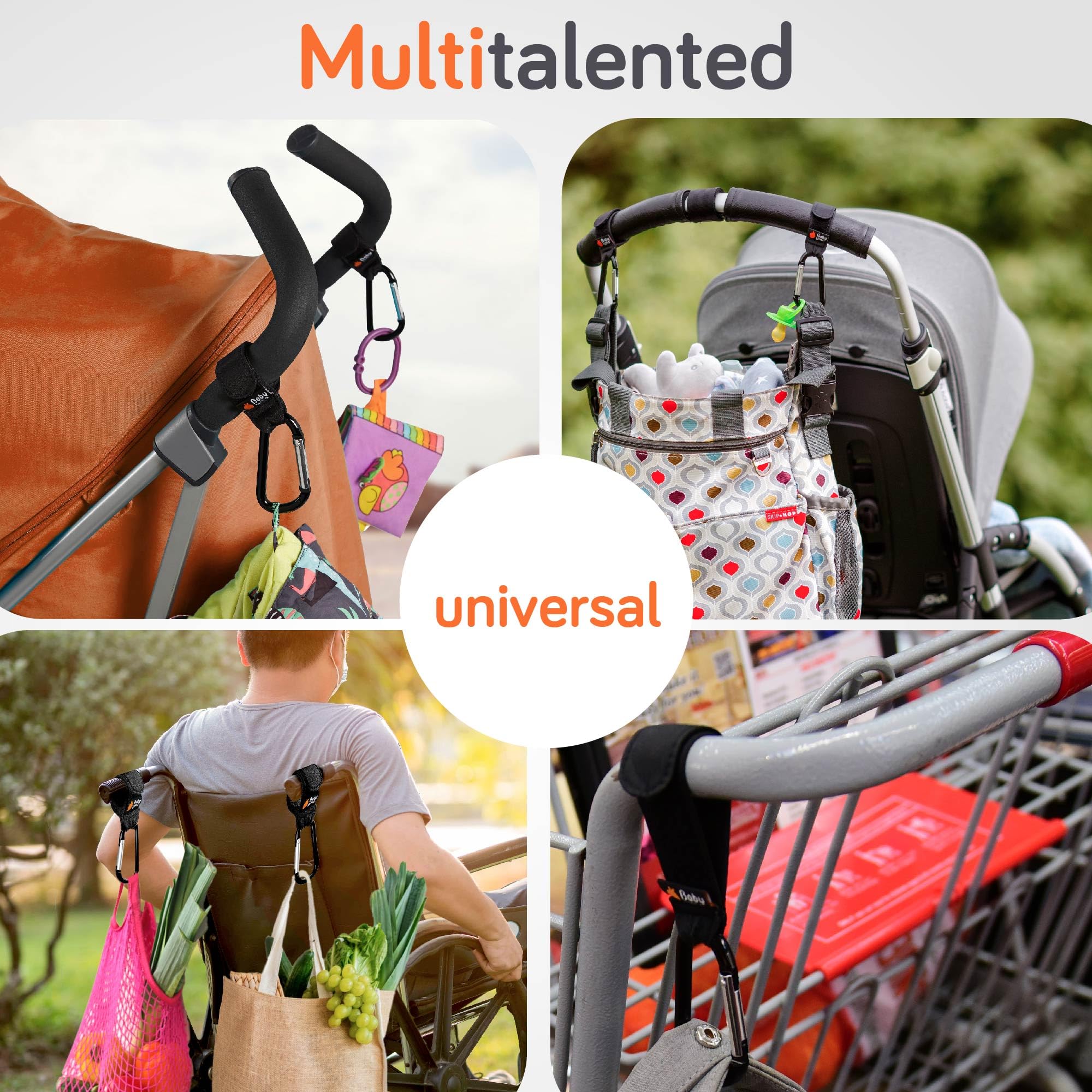 Baby Uma Stroller Hooks for Bags (2 Pack) - Universal Stroller Clips and Hooks, Non-Slip with One-Hand Opening, 11 lb Weight Capacity, Baby Travel Essential