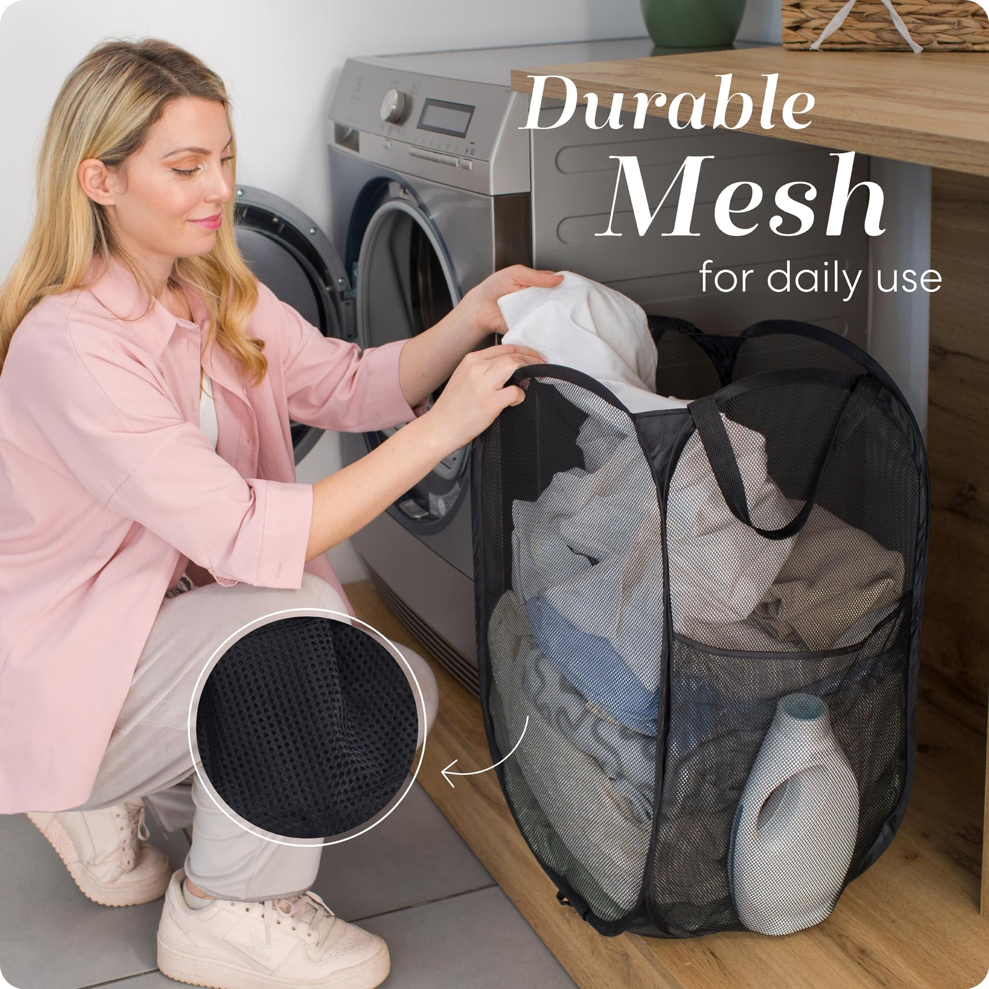 Handy Laundry Collapsible Mesh Pop Up Hamper with Wide Opening and Side Pocket - Breathable, Sturdy, Foldable, and Space-Saving Design for Clothes and Storage (Black)