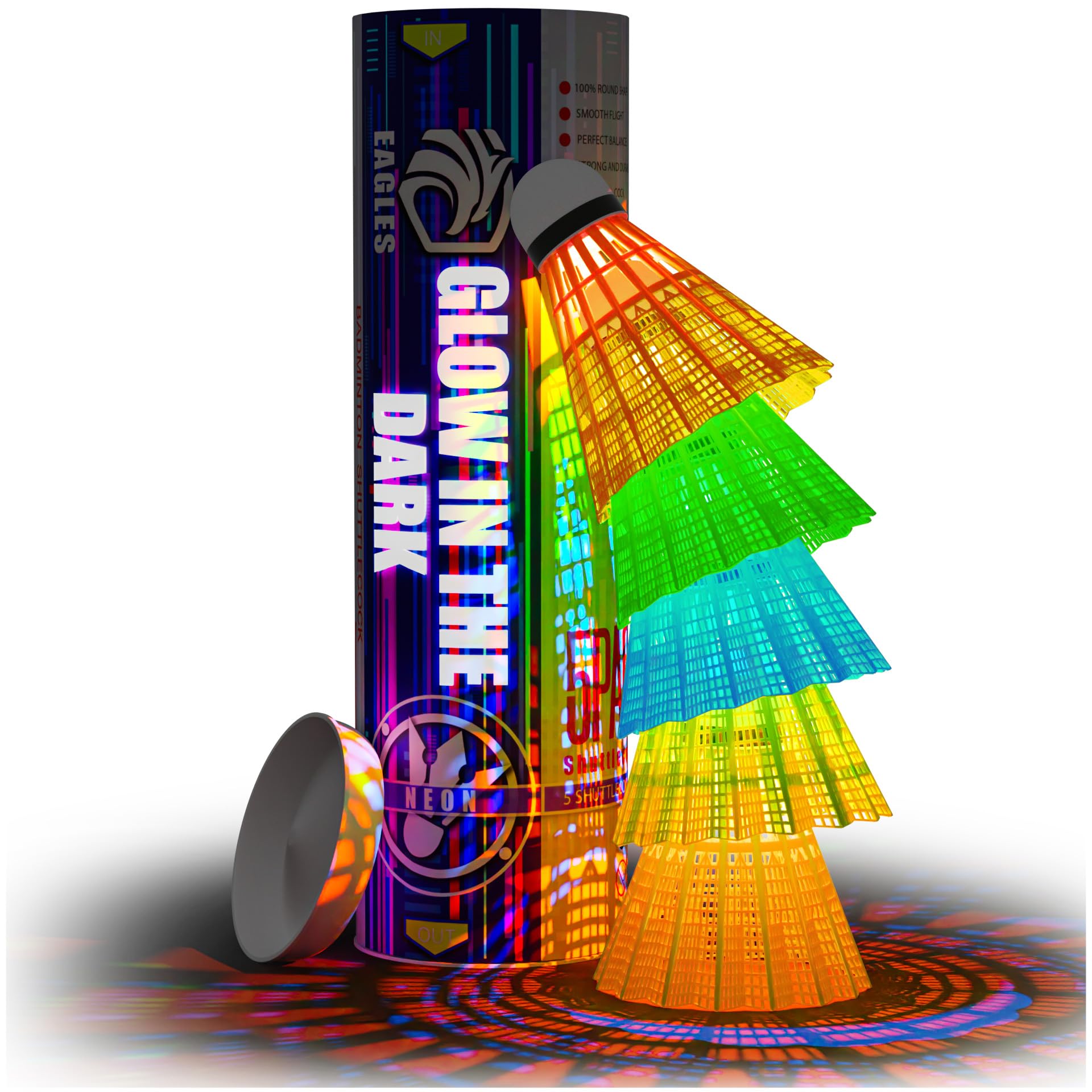 EAGLES LED Badminton Federbälle - 5er-Pack Leucht-Federbälle, Nylon Glow in The Dark Federbälle für Baseball-Training - Plastik-Leucht-Federbälle für Outdoor-Indoor-Sportaktivitäten