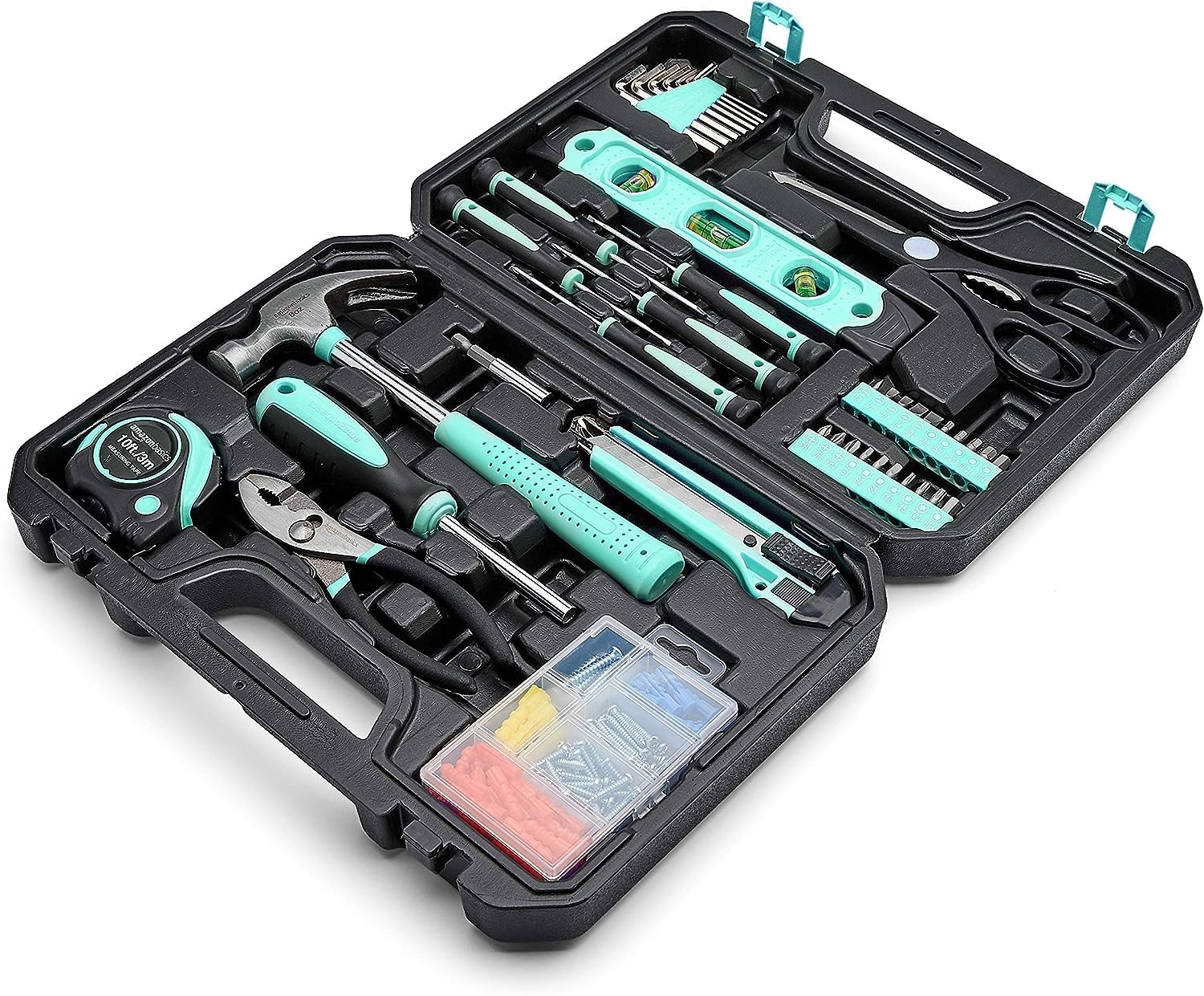 Amazon Basics Haushalts-Werkzeugset mit Aufbewahrungskoffer, 142 Teile, Türkis, 34 x 23,5 x 7,5 cm