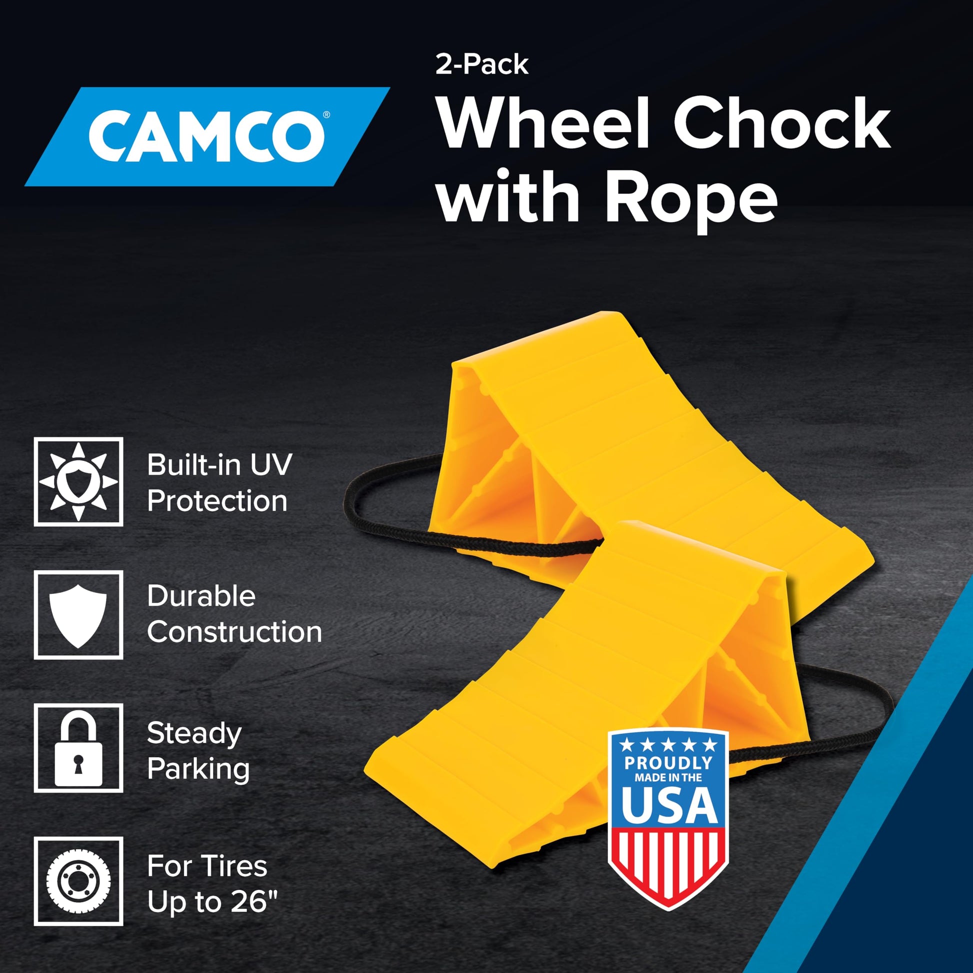 Camco Camper & RV Wheel Chock with Rope - Keeps Trailer in-Place to Safely Unhitch or Park - Compatible with Wheels Up to 26” in Diameter & Molded of Heavy-Duty Hard Plastic - 2-Pack - 44471