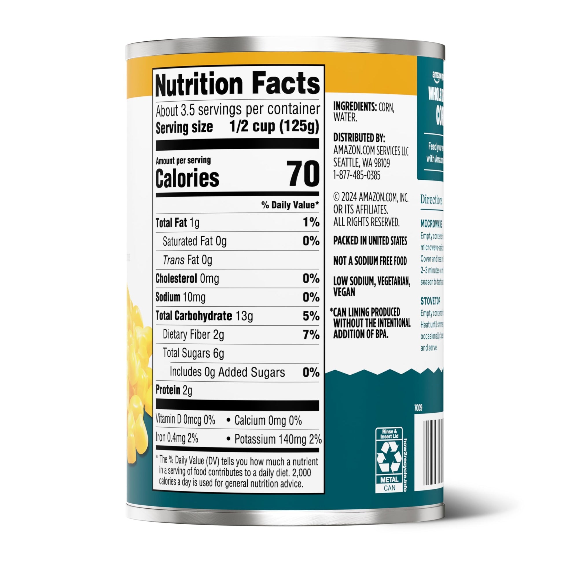 Amazon Grocery, Canned Whole Kernel Corn, No Salt Added, 15.25 Oz (Previously Amazon Fresh, Packaging May Vary)