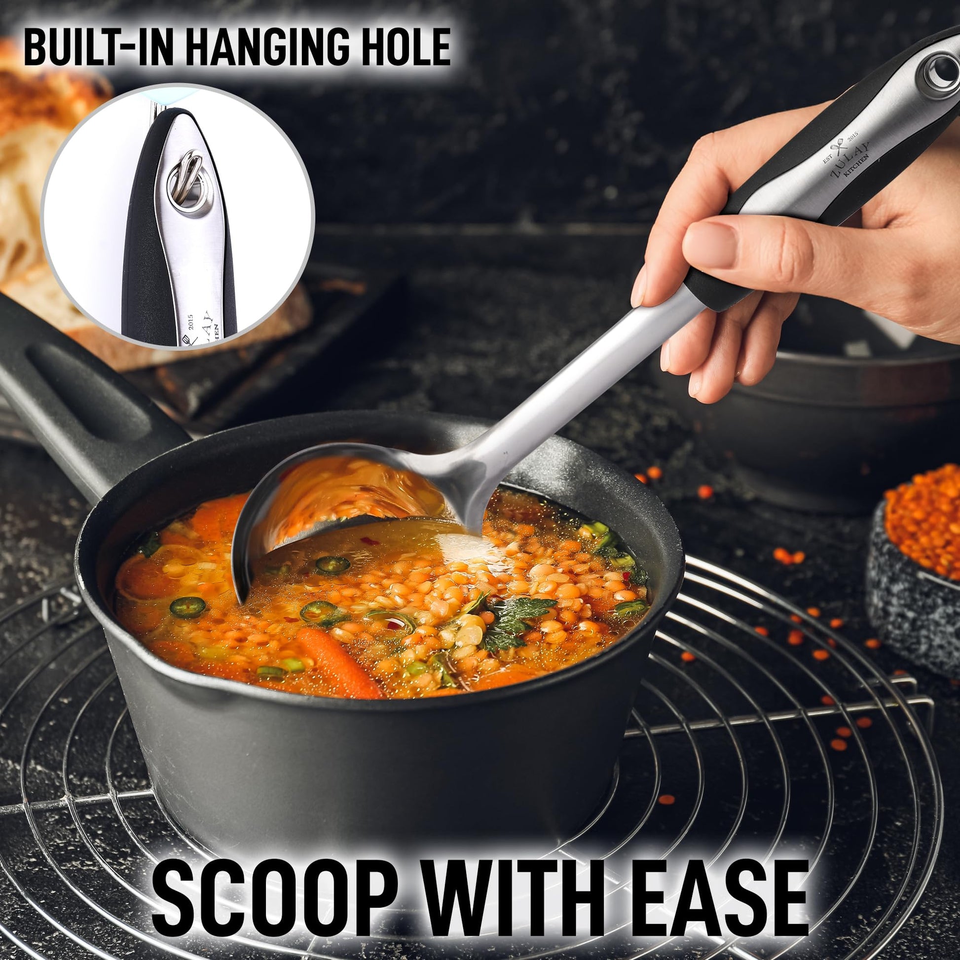 Zulay Kitchen Premium Soup Ladle – 12" Stainless Steel with Non-Slip Silicone Handle