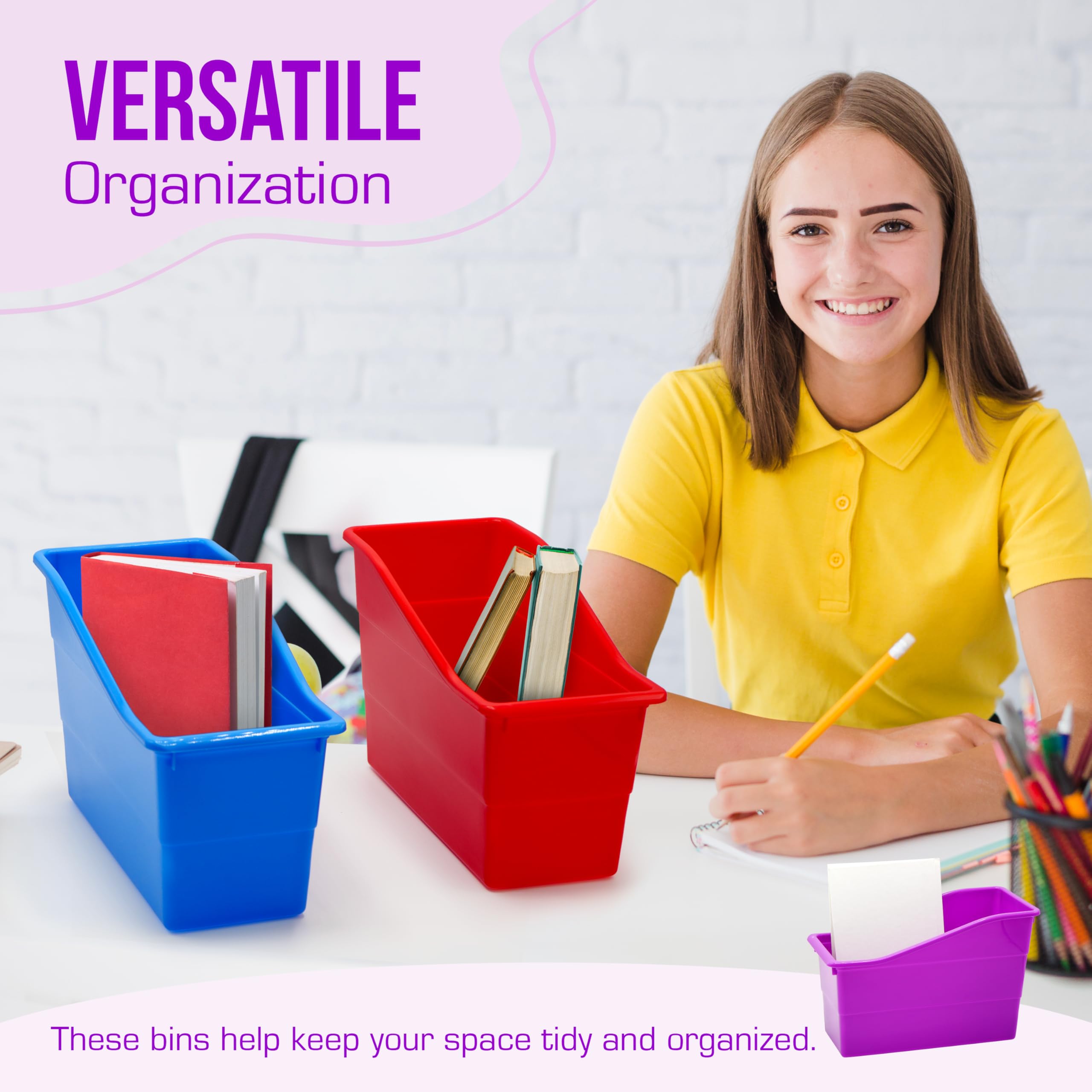 4E's Novelty 6 Durable Book and Binder Holder, Files Book Bins for Classroom, Plastic Vertical Storage Book Organizer Folder Office Classroom Organization Containers Supplies (Rainbow)
