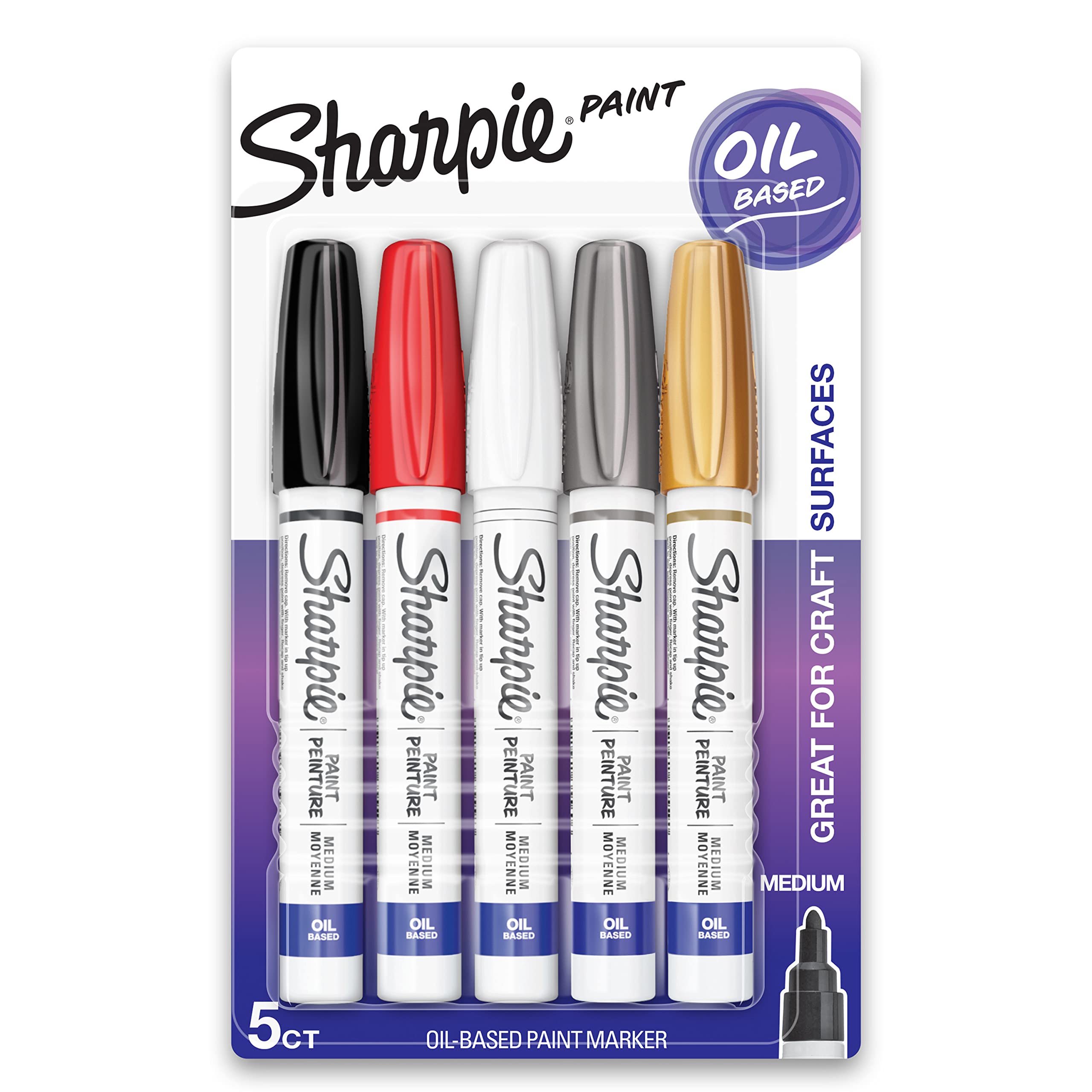 Sharpie Oil-Based Paint Markers, Medium Point, Assorted & Metallic Colors, 5 Count - Great for Rock Painting