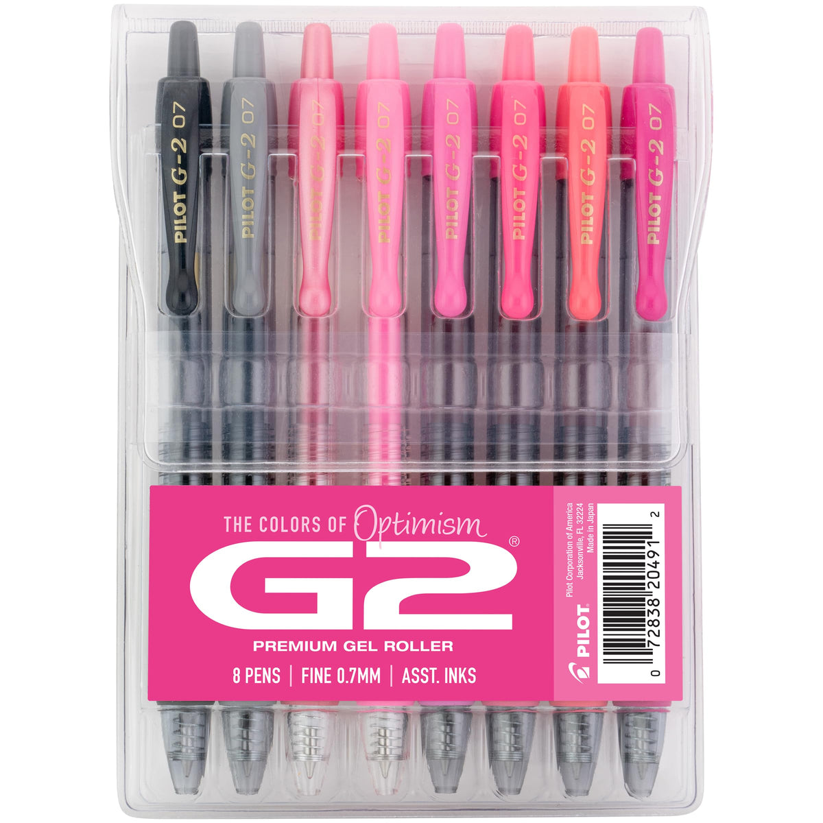 Pilot, G2 Premium Gel Roller Pens, G2 Boost Pink Pack, The Colors of Optimism, 8 Pack Pouch, Fine Point 0.7 mm, Assorted