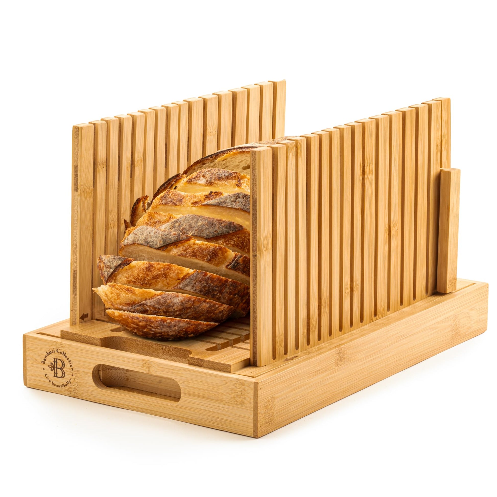 Bread Slicer for Homemade Bread - BAMBUSI New Upgrade Bamboo Bread Cutter with Adjustable Width, Foldable Compact Slicing Guide and Crumb Tray - Bread Cutter for Loaf, Cake, Bagels - Gift for Bakers