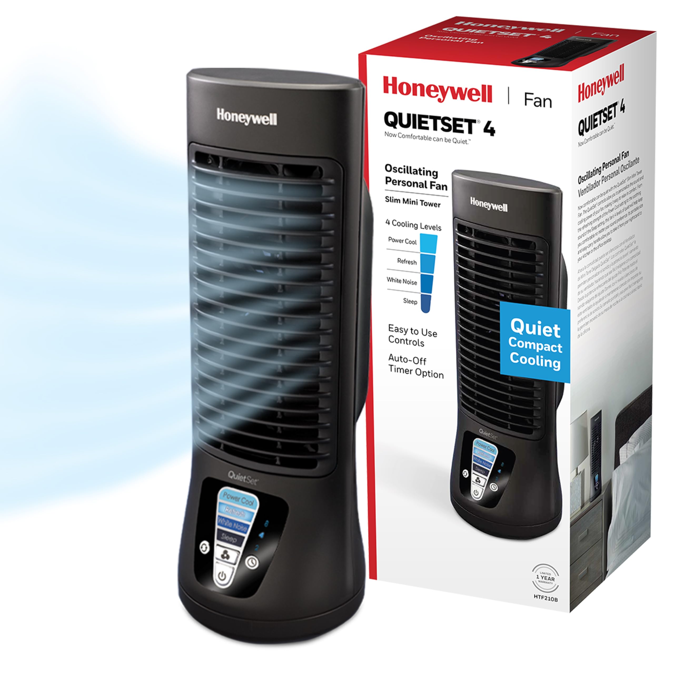 Honeywell QuietSet Persönlicher Tischventilator, oszillierender Schreibtischventilator mit leisem Betrieb, 4 Leistungs- und Geräuschstufen, Schwarz, HTF210B
