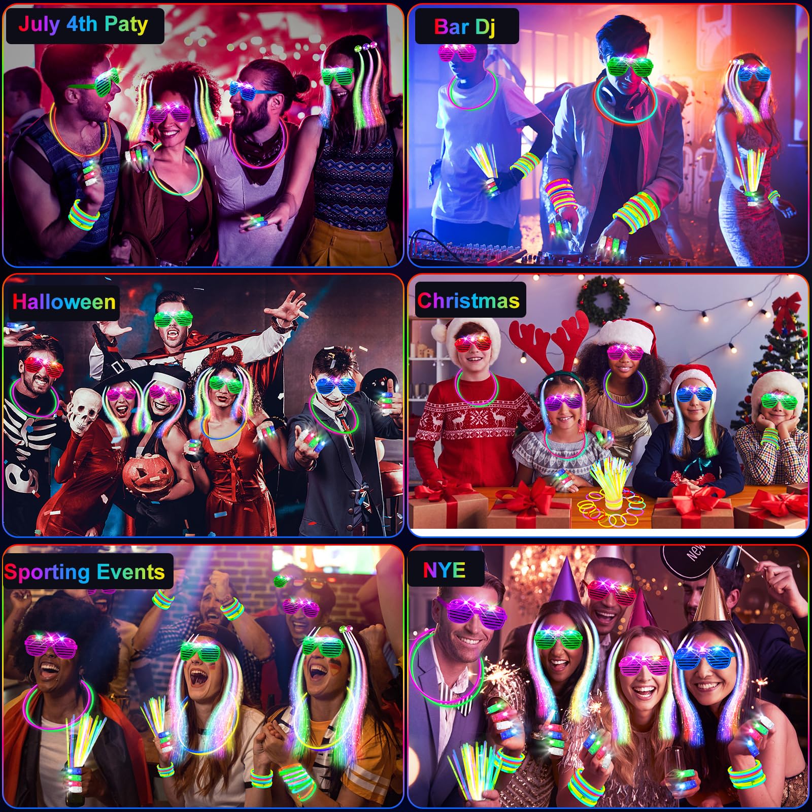 SHQDD 158 PCS Glow in the Dark Halloween Party Supplies, 14PCS LED Glasses, 30LED Finger Lights, 14LED Light Hairs and 100PCS Glow Sticks Bracelets, Neon Party Favors for Wedding,Concert, Birthday