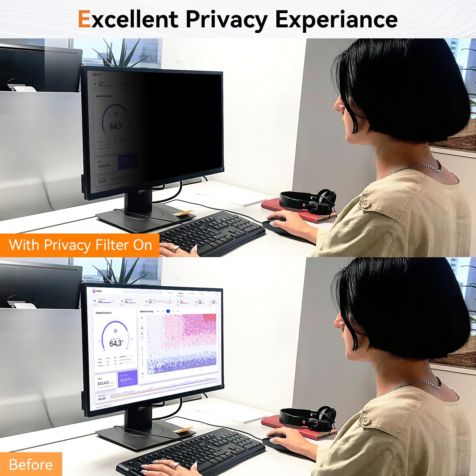 [2 Pack] 24 Inch Computer Privacy Screen for 16:9 Aspect Ratio Widescreen Monitor, Eye Protection Anti Glare Blue Light Computer Monitor Privacy Filter, Removable Anti-Scratch 24in Protector Film