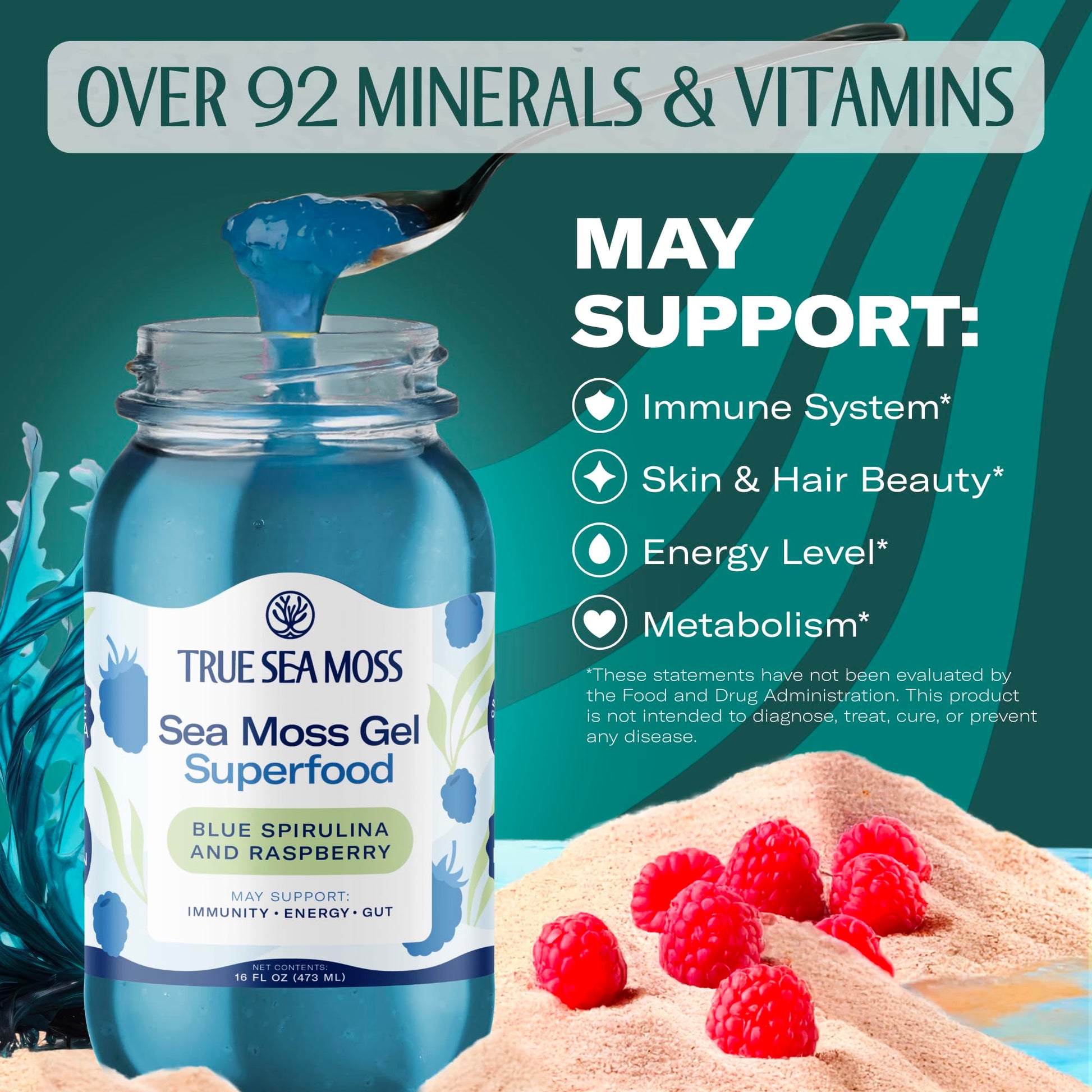 TrueSeaMoss Sea Moss Gel – Made in USA – Wildcrafted Seamoss, Fresh Fruits & Sea Vegetables – Blue Spirulina, Pack of 1 (Labels may Vary)