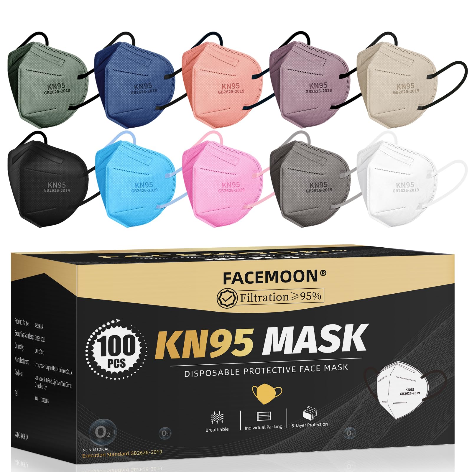 KN95 Face Masks Adults Disposable - 100 Pack KN95 Masks Protective Comfortable KN95 Masks 5-Layer KN95 Breathable Safety Face Masks & 5 Adjustable Mask Holder KN95 Masks 10 Colors