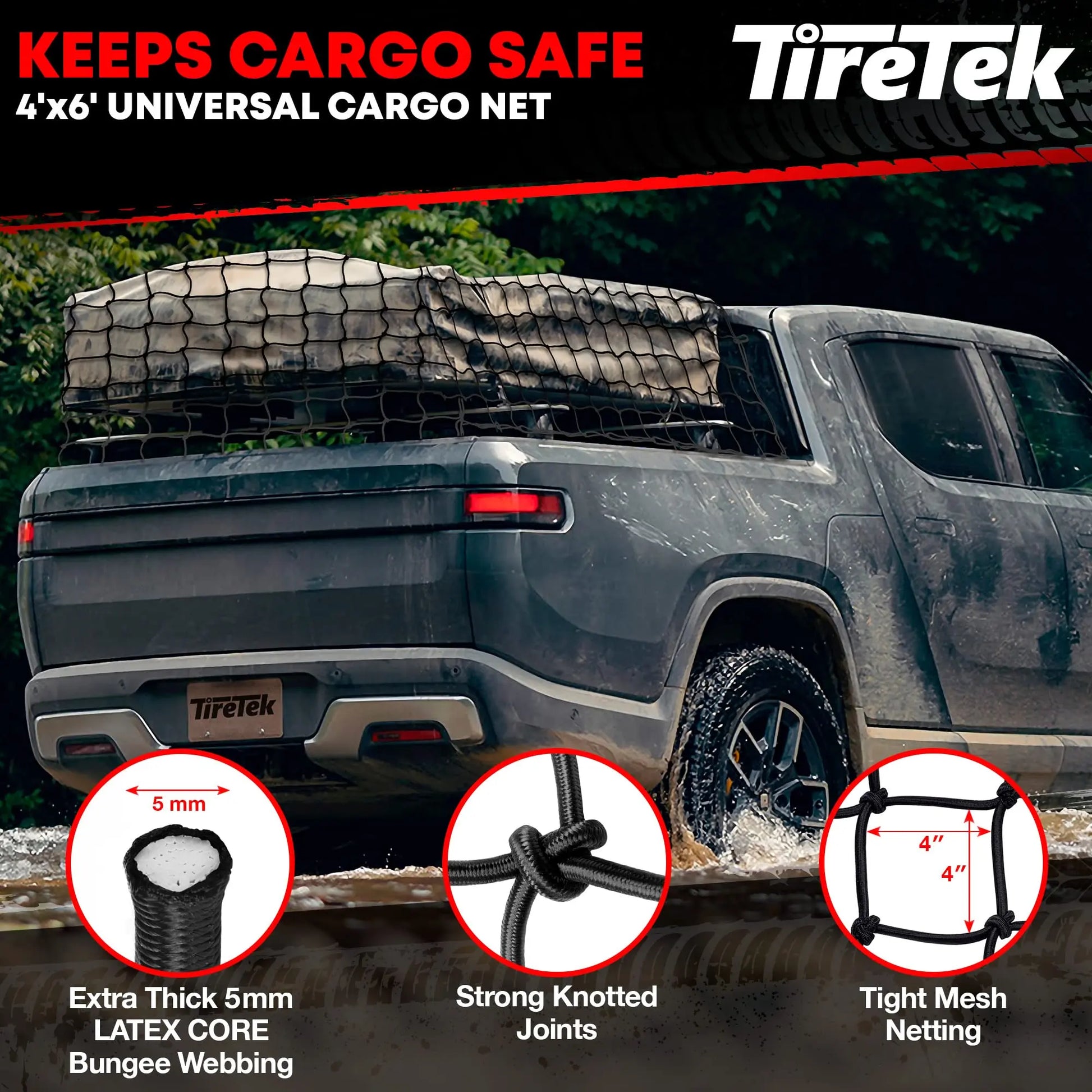 Cargo Net for Pickup Truck Bed (4' x 6' Stretches to 8' x 12') Heavy Duty Pickup Truck Bed Accessories - 12 Metal Carabiners, Bungee Mesh Accessory with Strap Hooks for SUV, Trailer Tarp