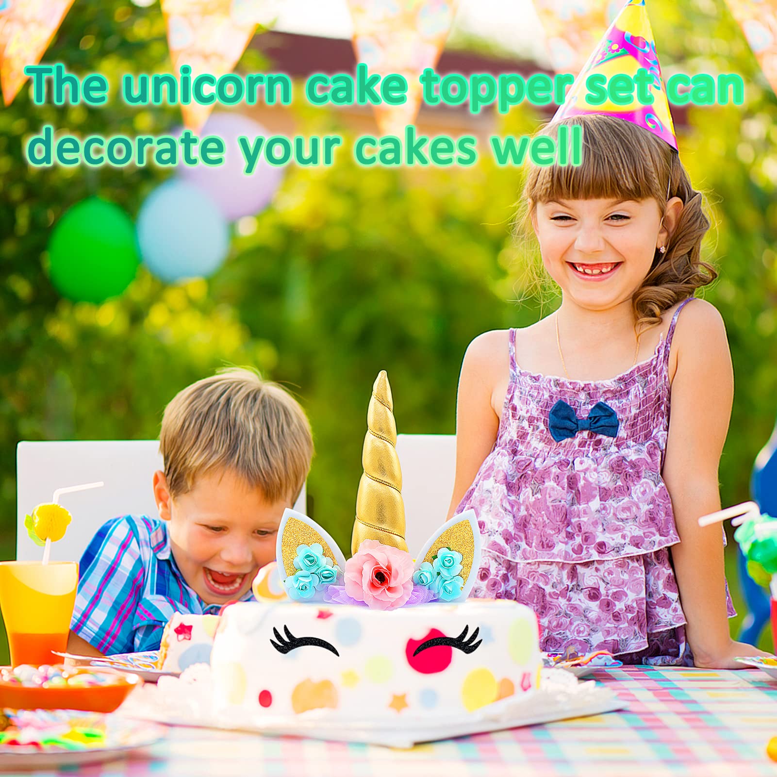 Zkptops Unicorn Cake Topper Birthday Party Supplies Unicorn Birthday Decorations Gold Horn Cake Topper Accessory with Eyelashes Cute Handmade Reusable Cake Toppers for Girls Kids Women 5.8 Inch