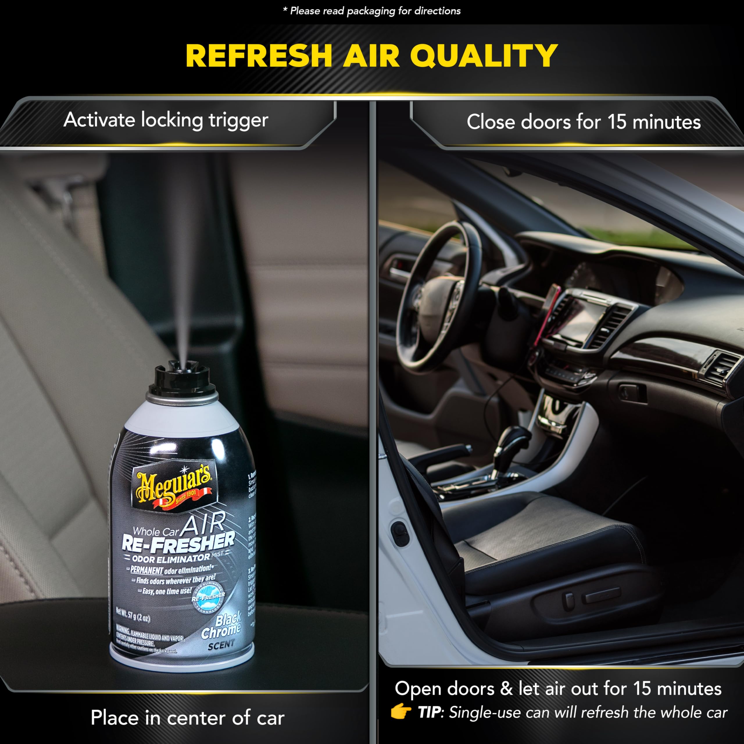 Meguiar's Whole Car Air Refresher, Car Odor Eliminator Spray Permanently Eliminates Unwanted Vehicle Odors Throughout Your Interior, Black Chrome Scent, 2 Oz Aerosol Canister