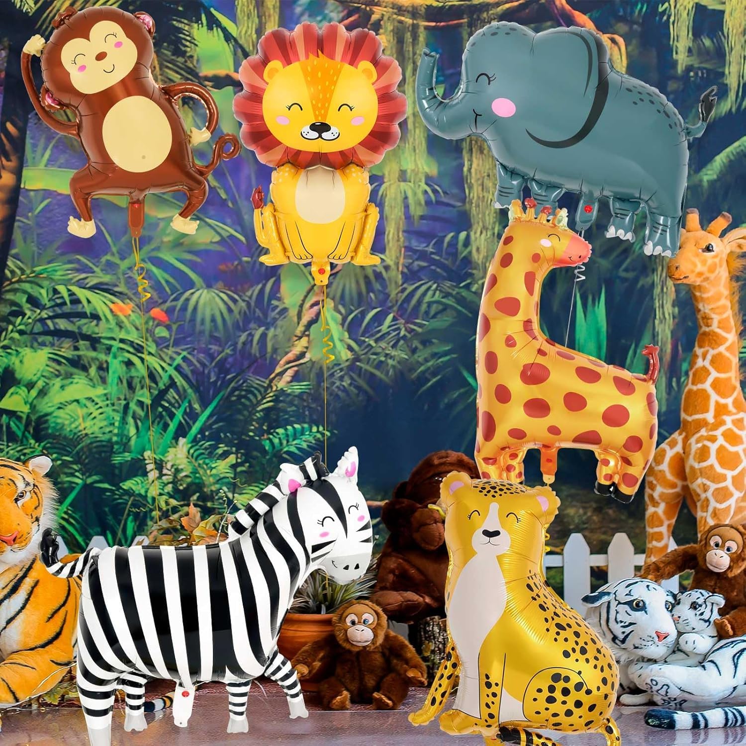 6 Pcs Safari Balloons, Jungle Safari Animals Foil Balloons, Giant Zoo Animal Balloon Zebra Elephant Monkey Lion Giraffe Leopard Shaped Animal Balloon for Zoo Wildlife Theme Birthday Party Decorations