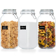 Vtopmart 78oz Glass Food Storage Jars with Airtight Clamp Lids, 3 Pack Large Kitchen Canisters for Flour, Cereal, Coffee, Pasta and Canning, Square Mason Jar with 8 Chalkboard Labels