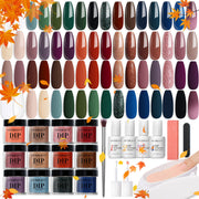 AZUREBEAUTY 42Pcs Dip Powder Nail Kit Starter, 32 Colors Fall Set Green Nude Brown Blue Dipping Powder Set with Top/Base Coat & Recycling Tray for French Art Manicure Salon