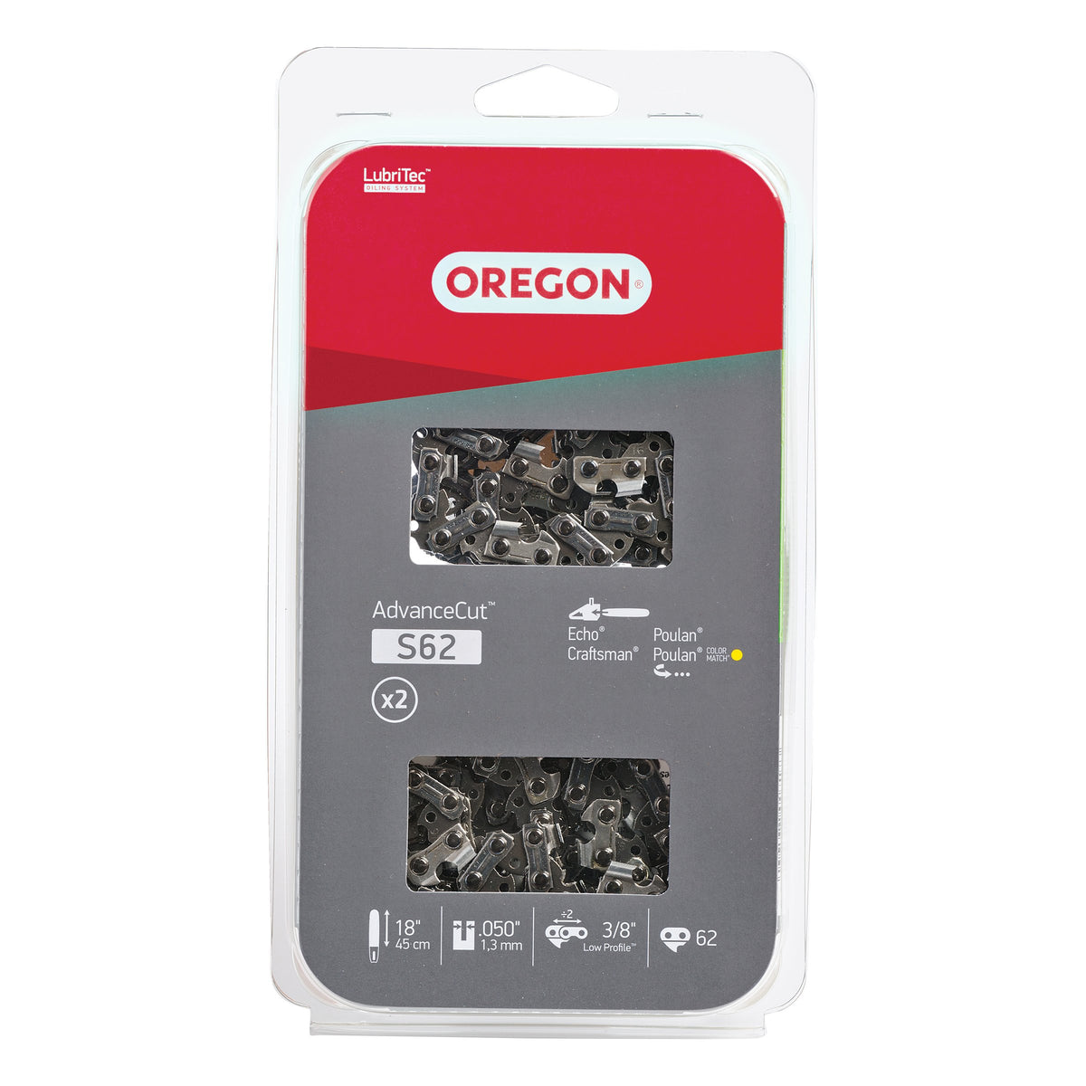Oregon S62T AdvanceCut Chainsaw Chains 2-Pack, for 18-Inch Bar, 62 Drive Links, 2x Replacement Chainsaw Blades, .050 Inch Gauge, 3/8 Inch Pitch, Fits Craftsman, Atlas, Homelite, Ryobi, Ego & More