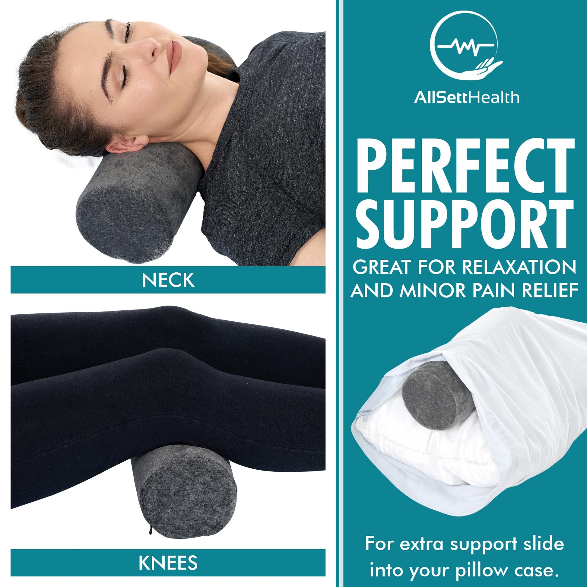 AllSett Health Round Cervical Roll Cylinder Bolster Pillow with Removable Washable Cover, Ergonomically Designed for Head, Neck, Back, and Legs, Grey