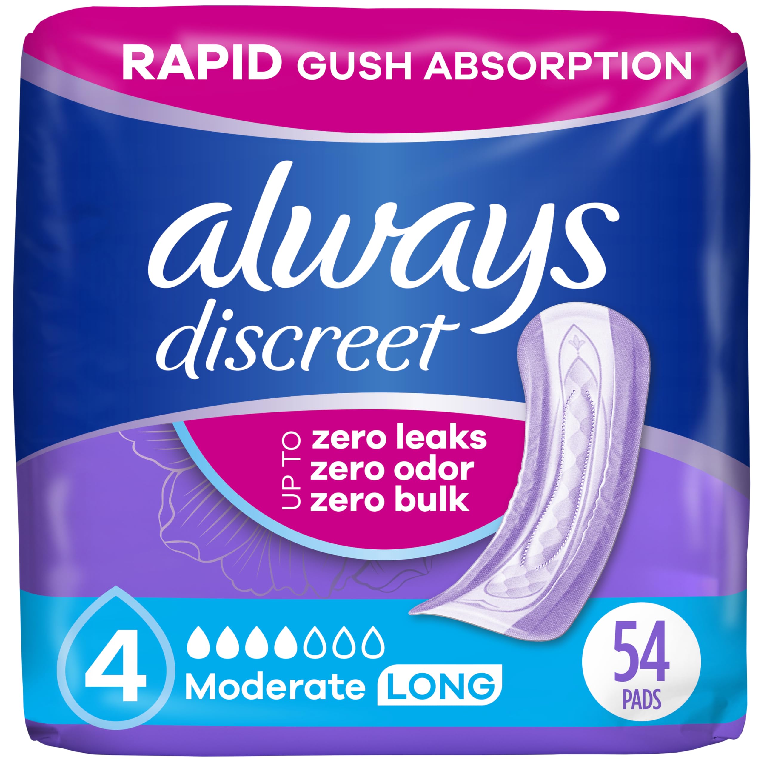 Always Discreet Adult Incontinence Pads for Women, Moderate Absorbency, Long Length, Postpartum Pads, 54 Count
