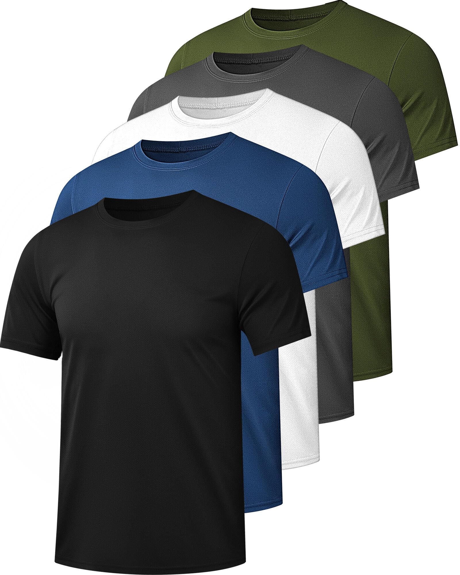 Kinglaman Mesh-Trainings-Shirts für Herren, Dry Fit Gym-Shirts, schnell trocknend, athletisch, kurzärmelig, Sport-T-Shirt, feuchtigkeitsableitend, 1 Schwarz, 1 Grau, 1 Weiß, 1 Blau, 1 Grün, Large