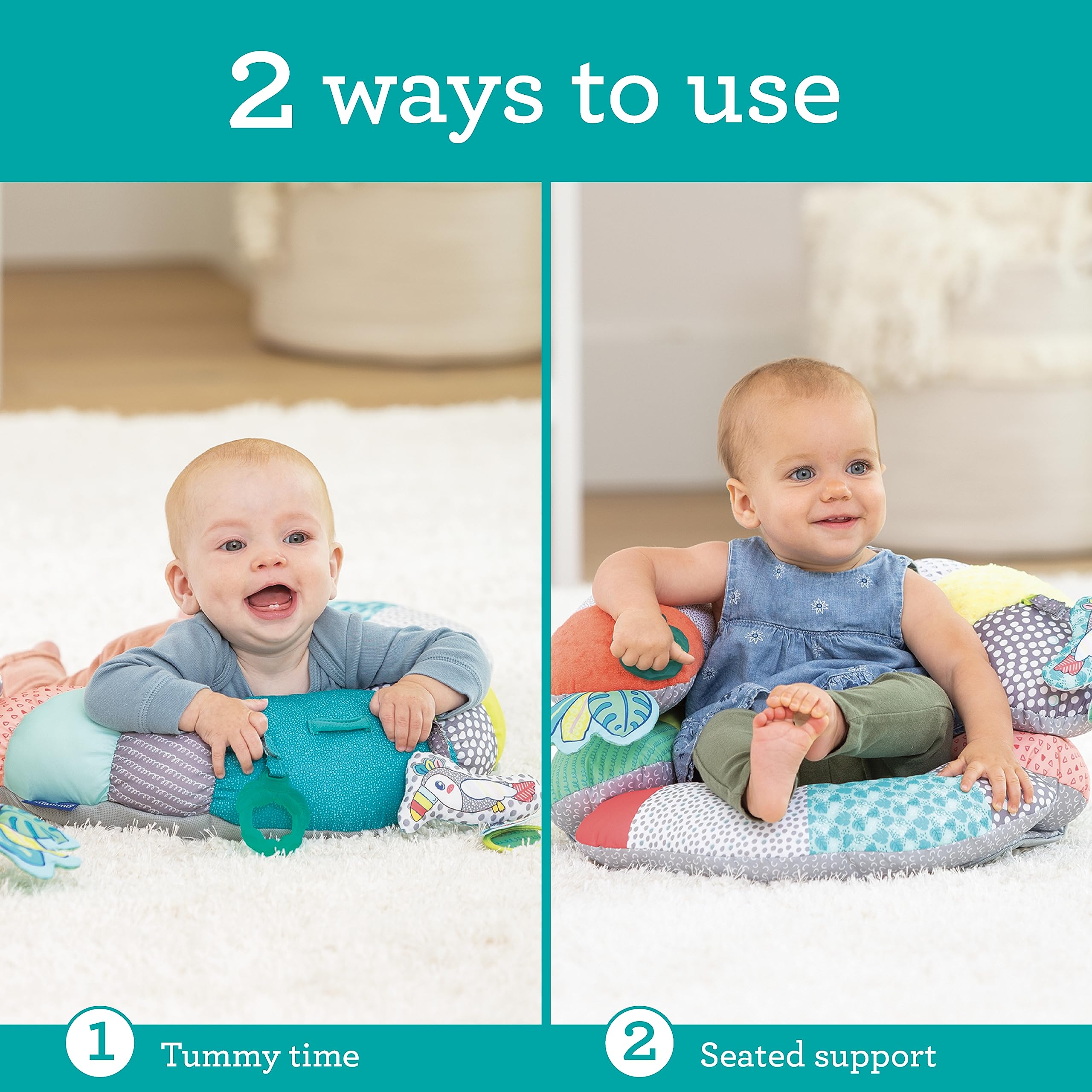 Infantino 2-in-1 Tummy Time & Seated Support, Baby Floor Seat for Tummy Time & Early Sitting, Soft, Supportive, Engaging Toys, Toucan